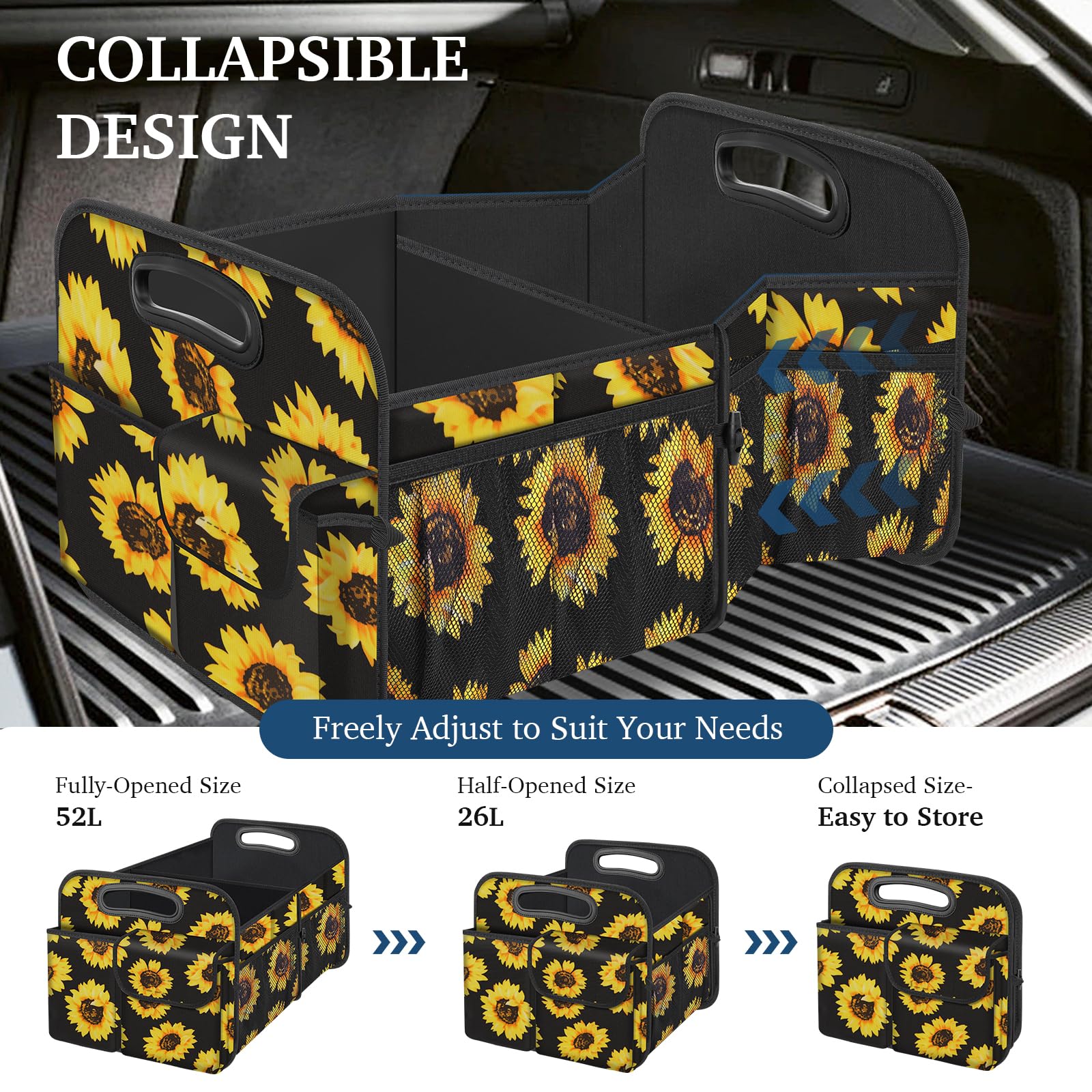 Femuar car trunk organizer demonstrates large capacity for groceries and gear