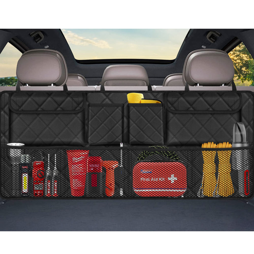 Femuar car trunk organizer closed to keep groceries secure.