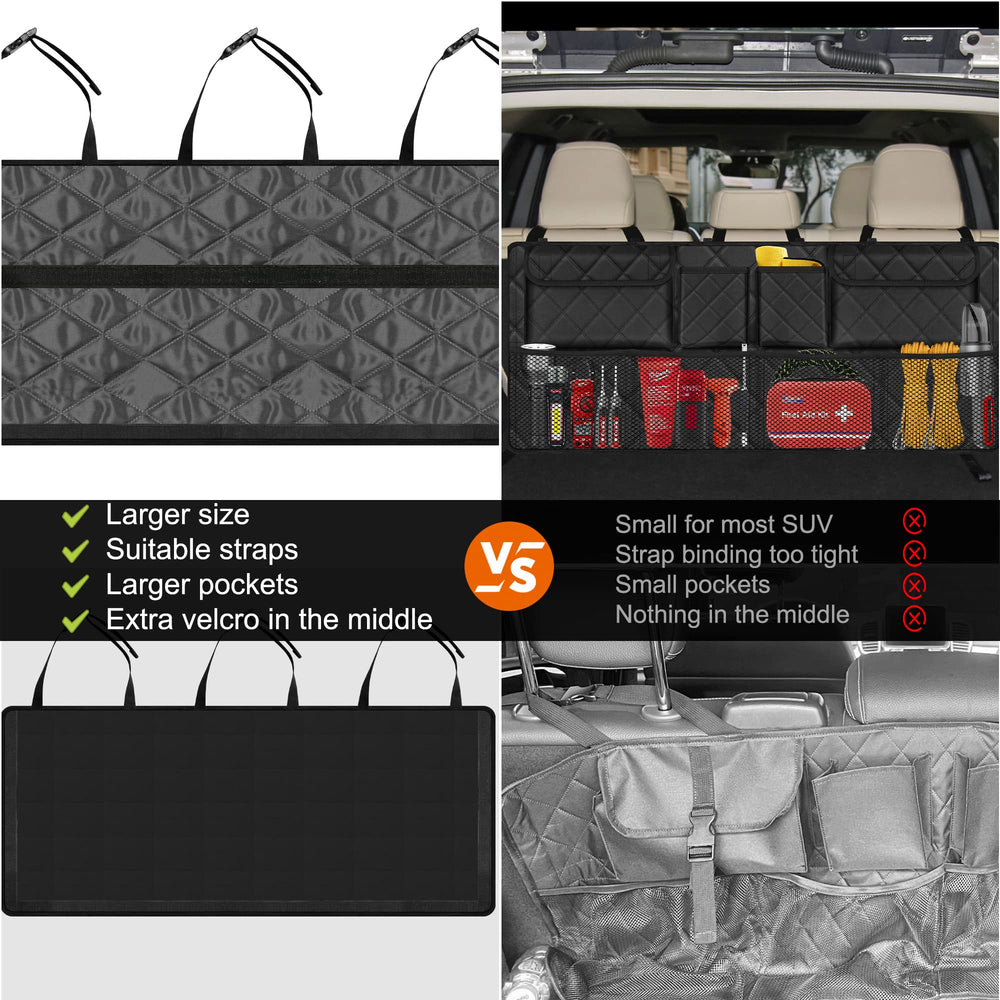 Femuar car trunk organizer open with eight pockets for easy access.