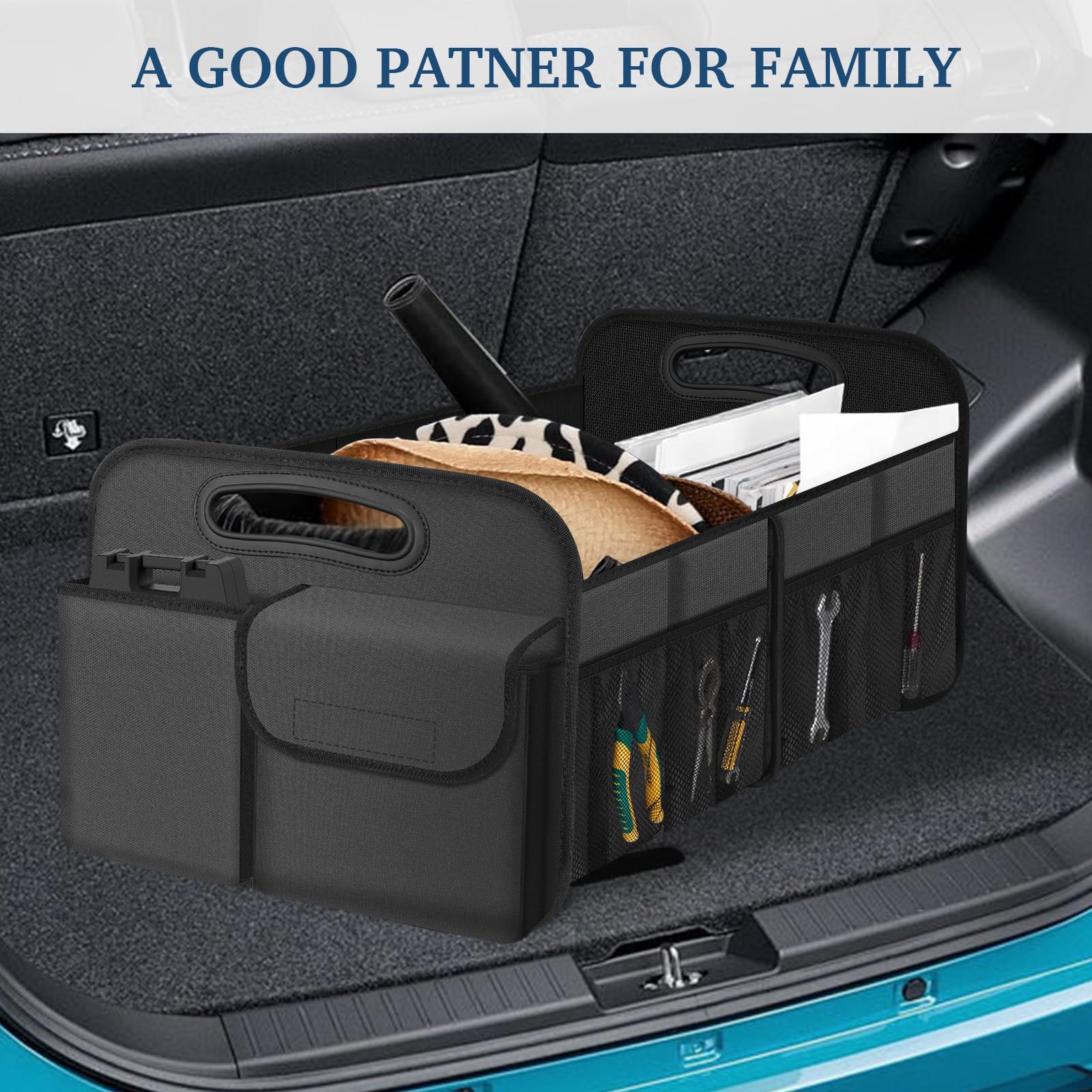 Femuar gray finish trunk organizer blends with vehicle interiors
