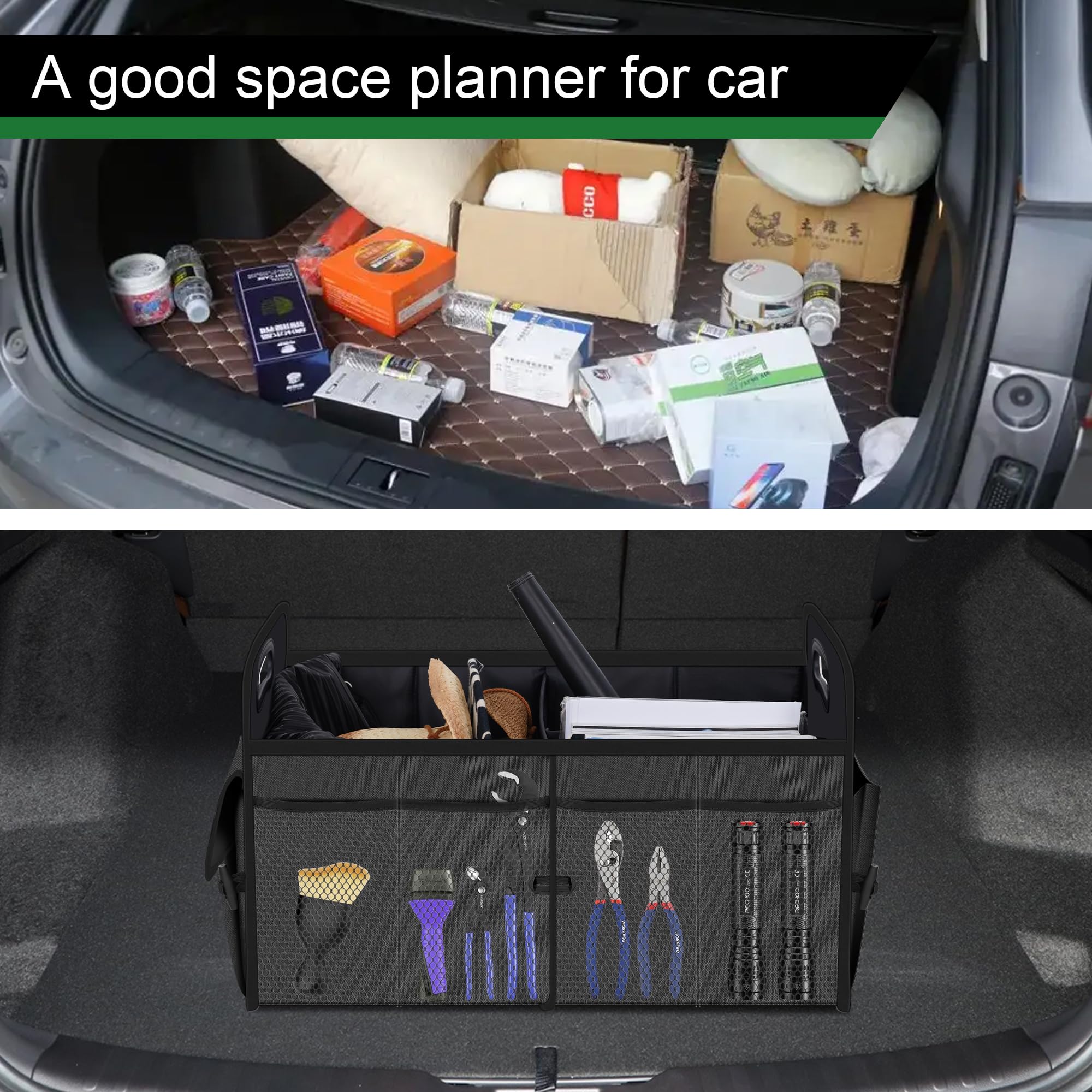 Femuar large grey trunk organizer shown in a roomy vehicle interior.