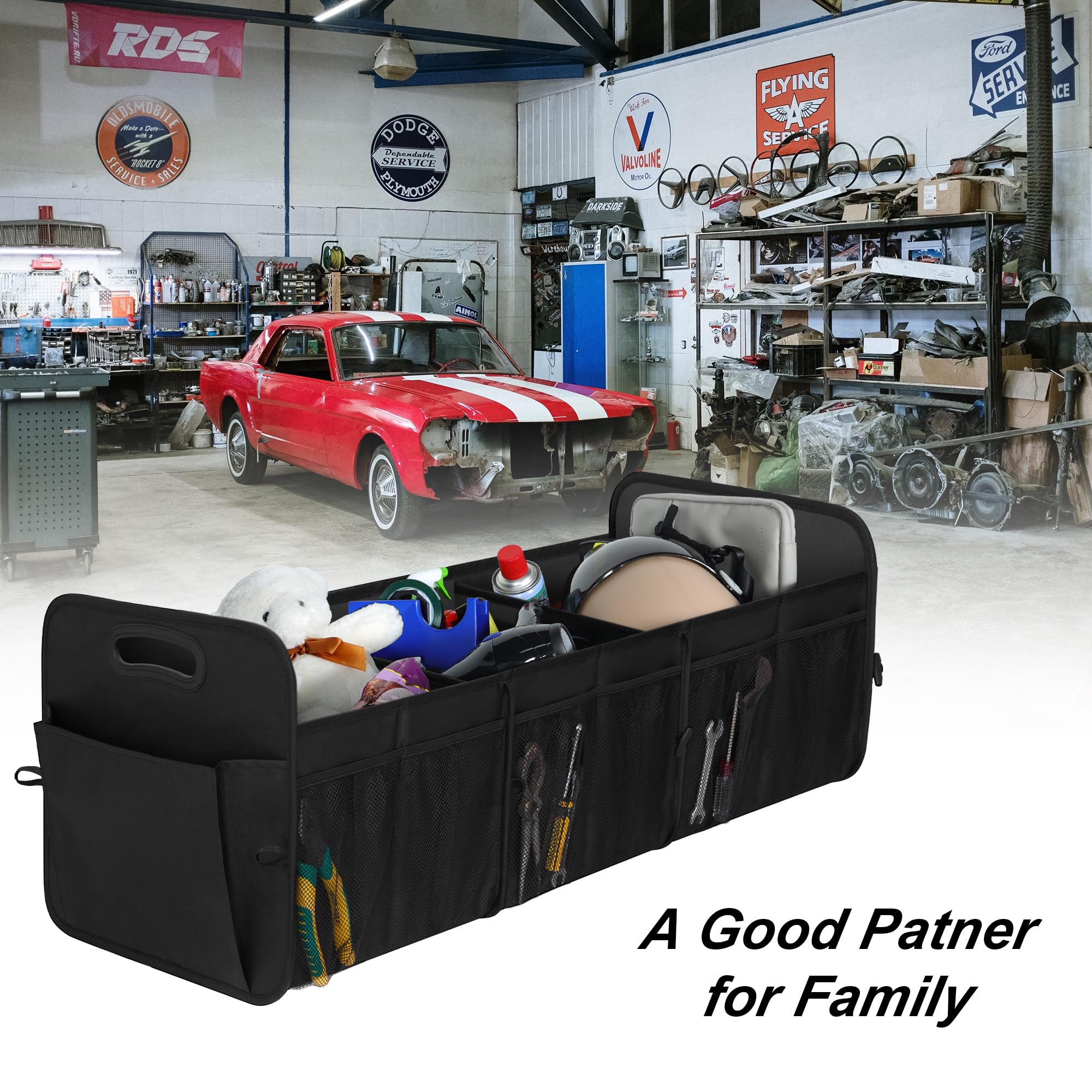 Black Femuar trunk organizer blends with any car interior.