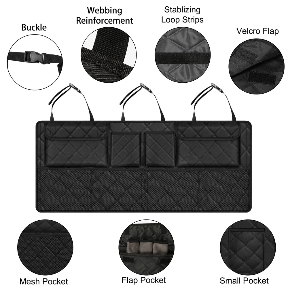 Femuar trunk organizer strapped with buckles for secure mounting.