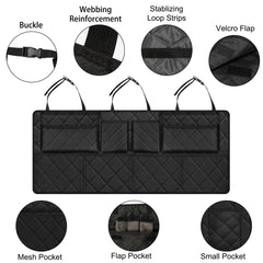 Femuar trunk organizer strapped with buckles for secure mounting.