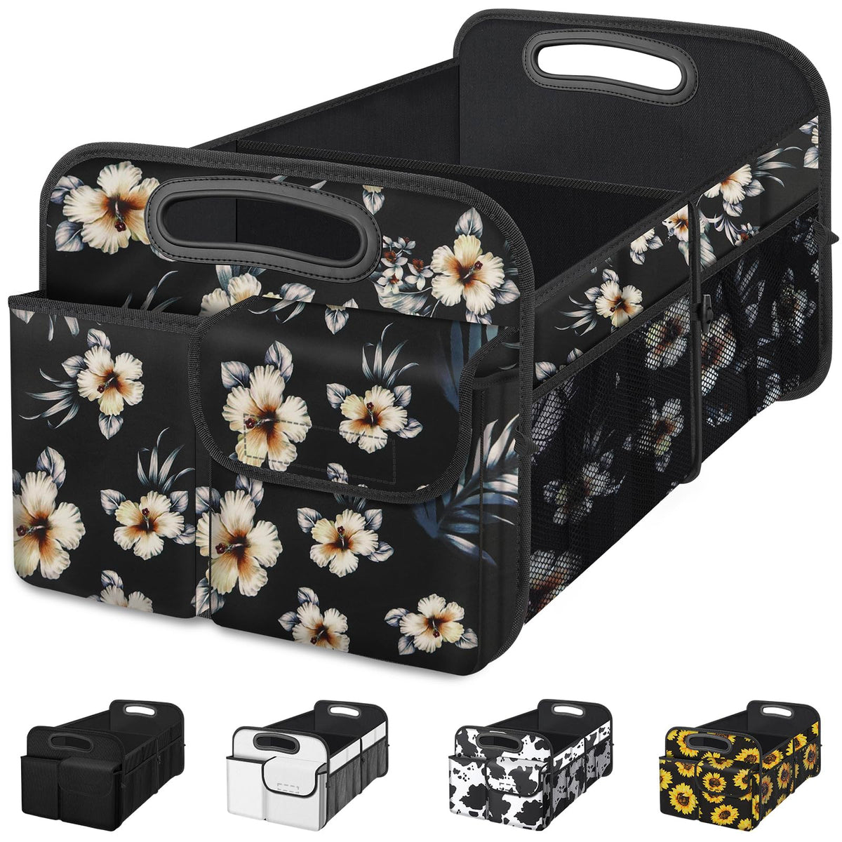 Femuar trunk organizer with collapsible compartments keeps cargo organized.