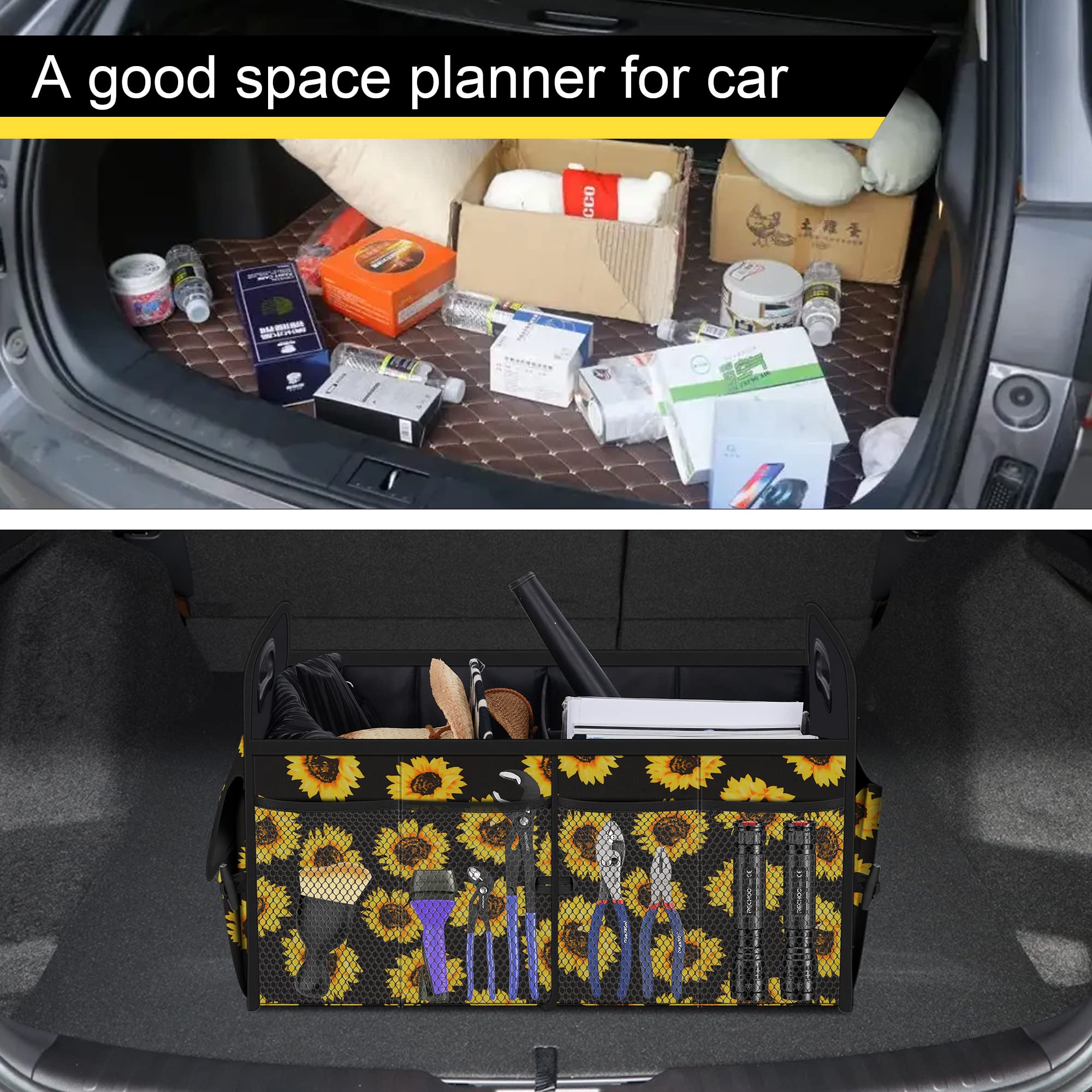Femuar trunk organizer with groceries and tools organized neatly inside.