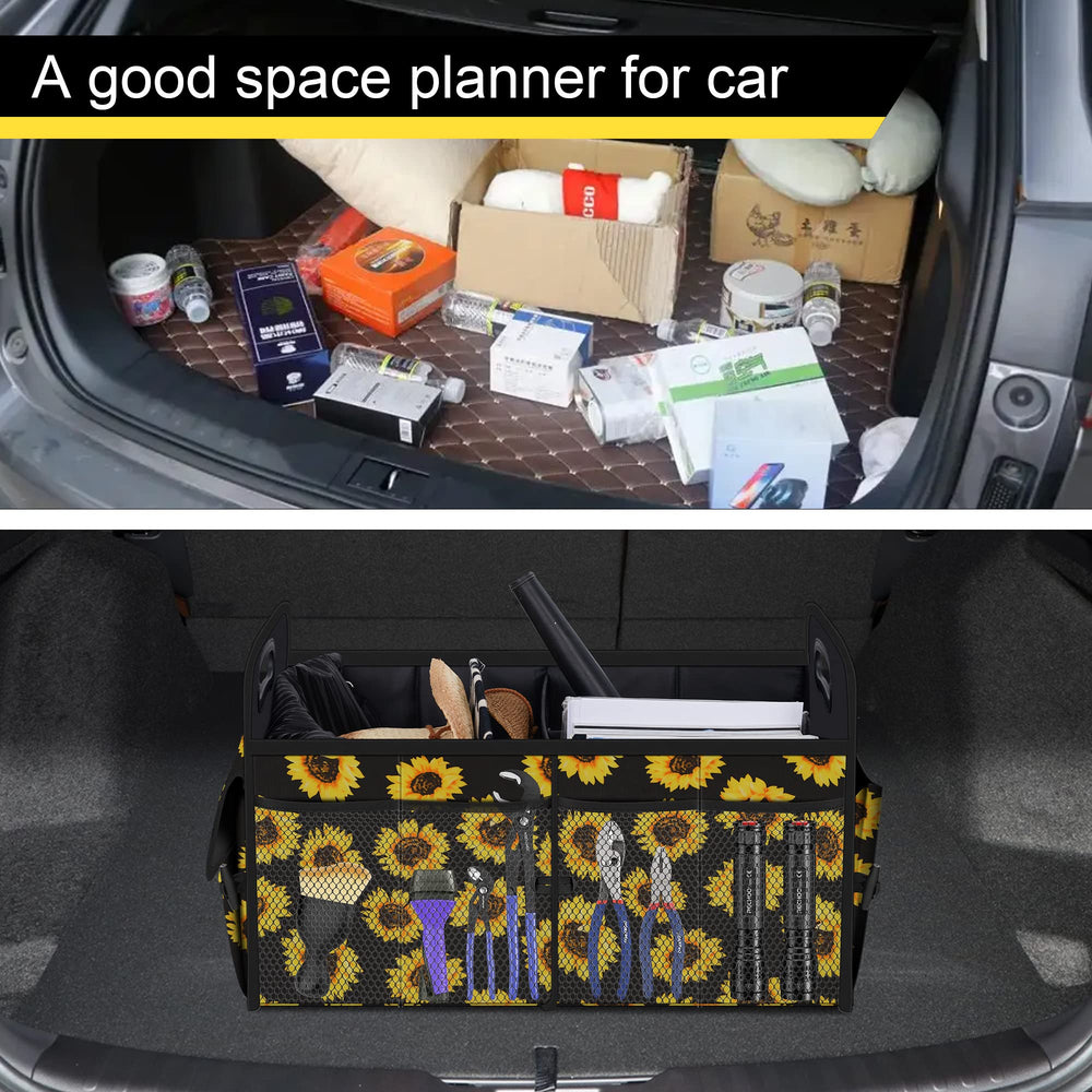 Femuar trunk organizer with groceries and tools organized neatly inside.
