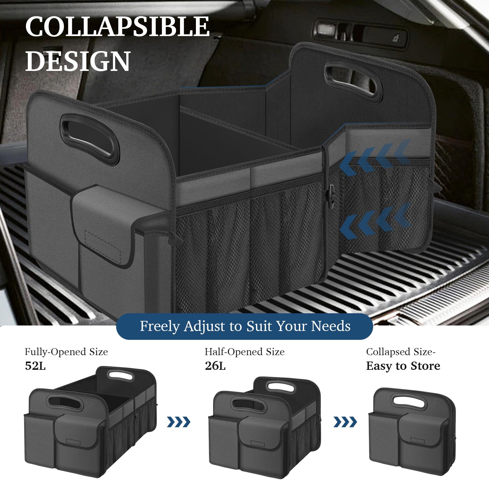 Femuar trunk organizer with multiple compartments for groceries, toys, and tools