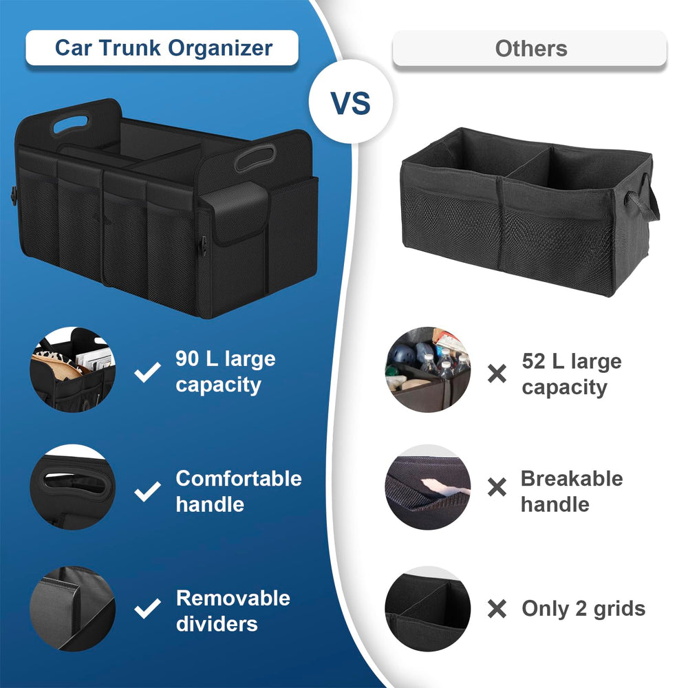 Femuar collapsible trunk organizer with multiple compartments for flexible storage.