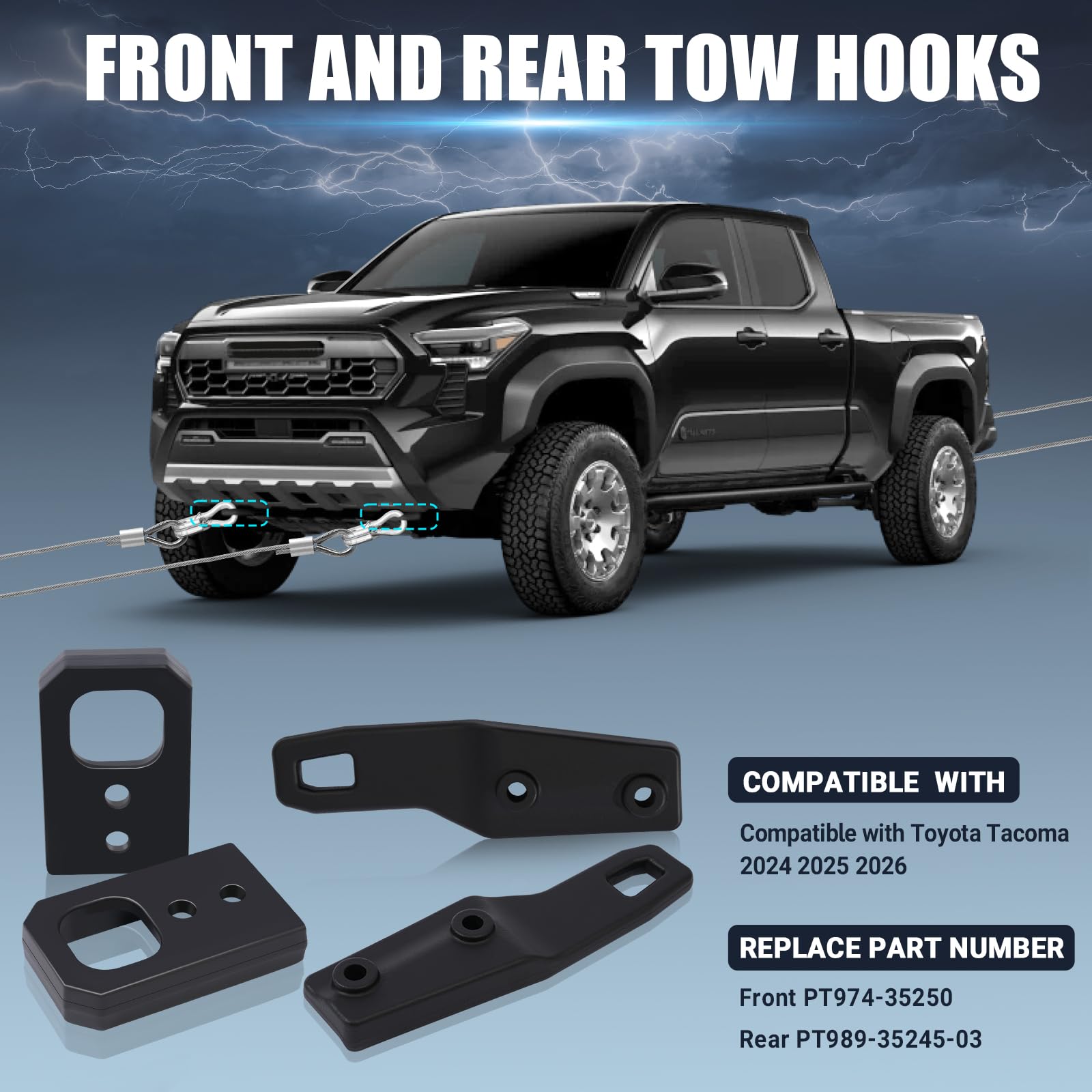 Fenglesha rear tow hook installed on Toyota Tacoma for rugged towing tasks.