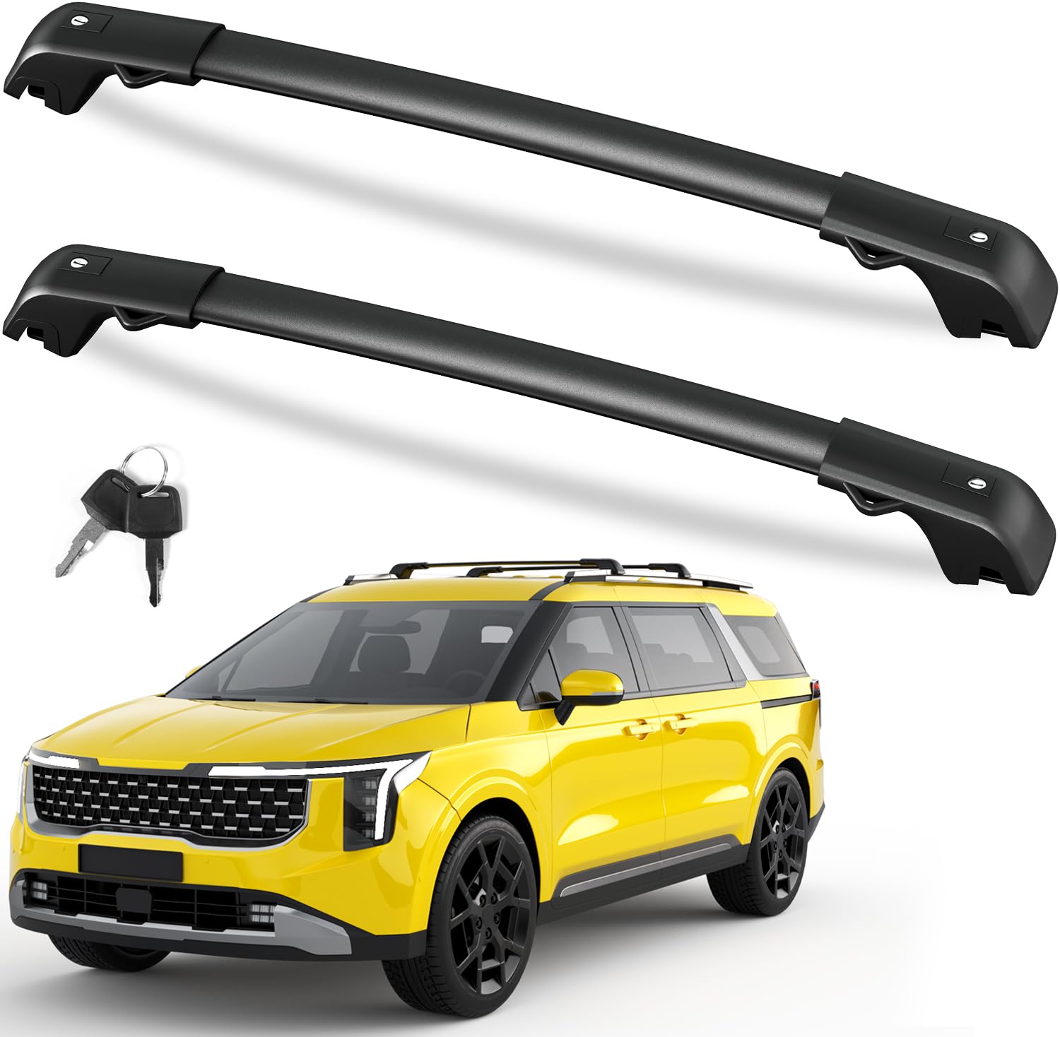 FengYu 300lb lockable cross bars on Kia Carnival roof showing anti-theft lock