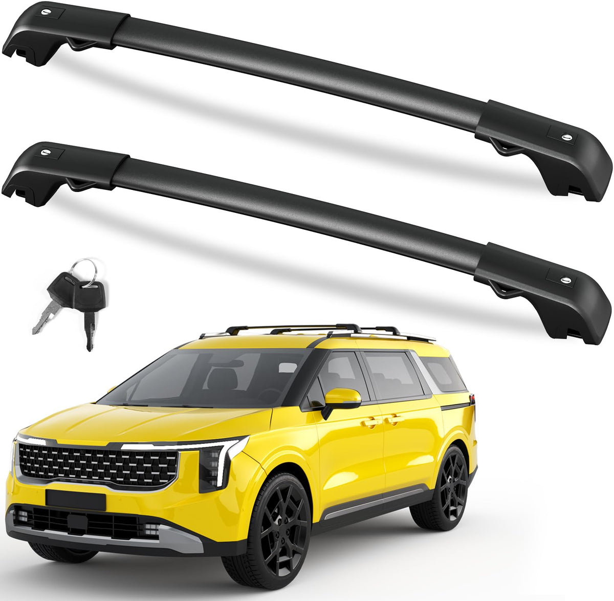 FengYu 300lb lockable cross bars on Kia Carnival roof showing anti-theft lock