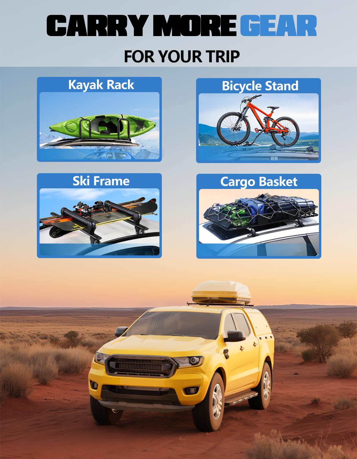FengYu adjustable 23–57.48 inch rail spacing on roof rack.