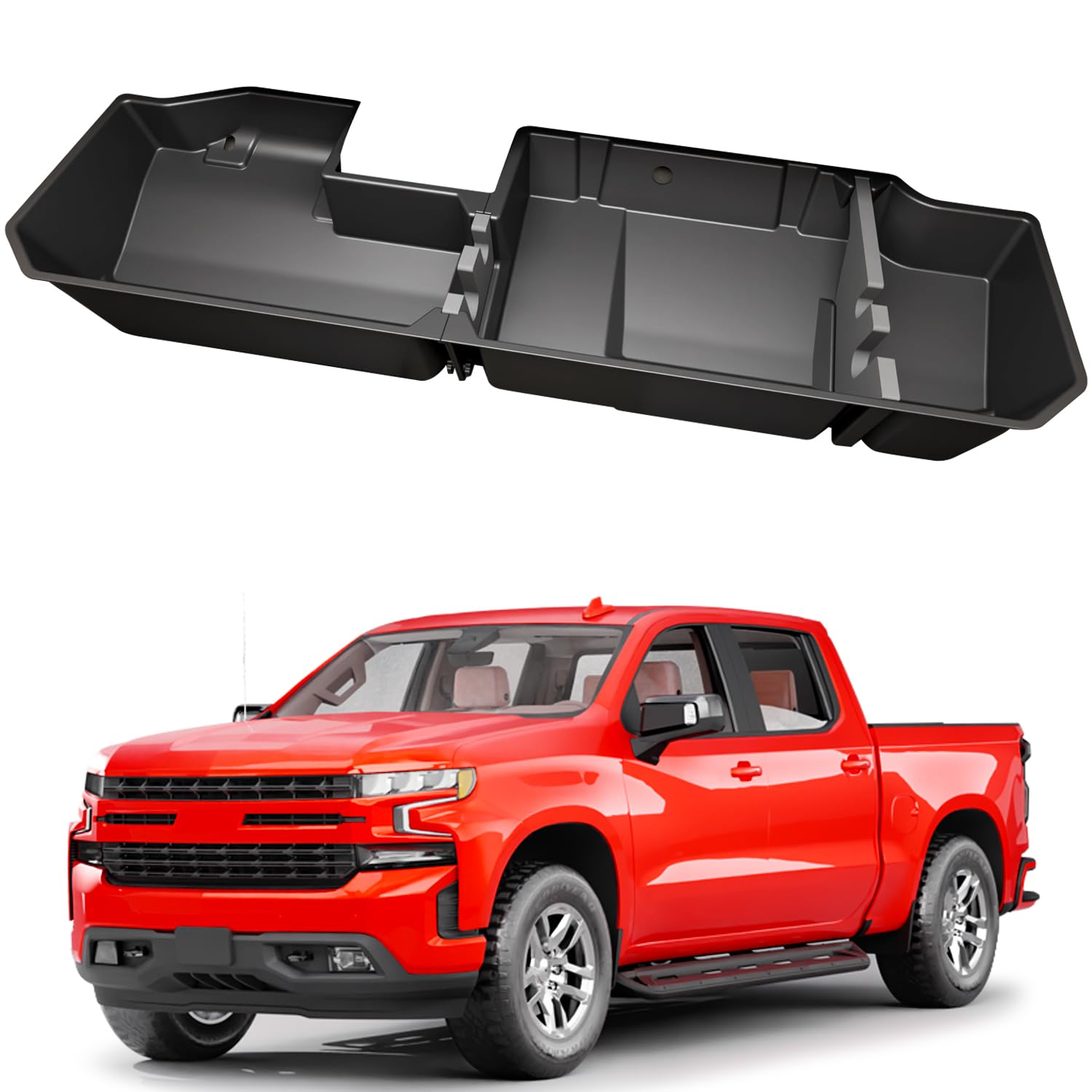 FengYu under-seat storage box installed in Silverado Crew Cab for organized rear storage.