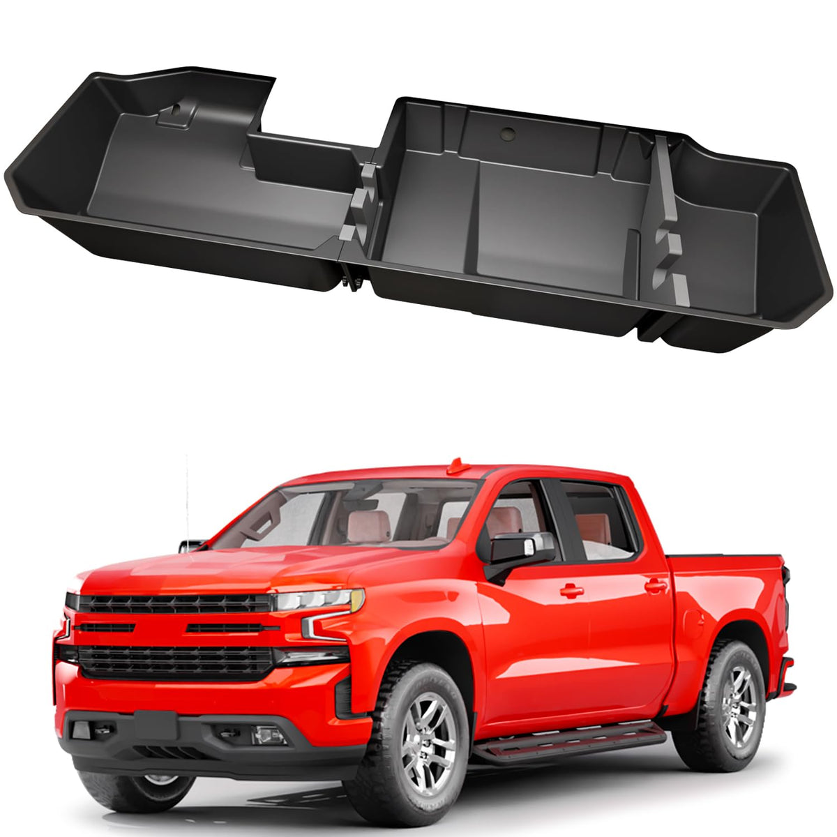 FengYu under-seat storage box installed in Silverado Crew Cab for organized rear storage.