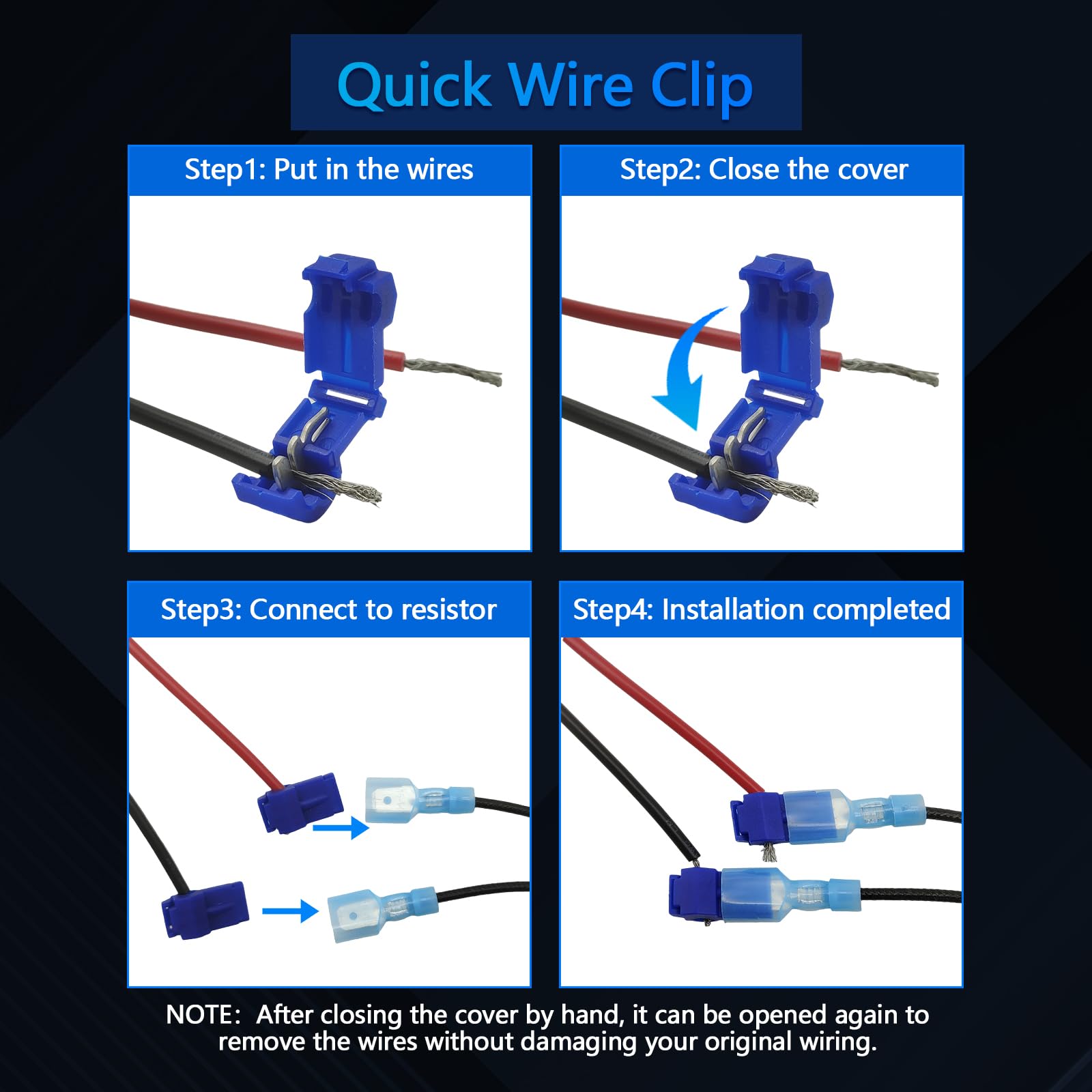 Fenikso LED resistor wiring close-up shows quick splice compatibility