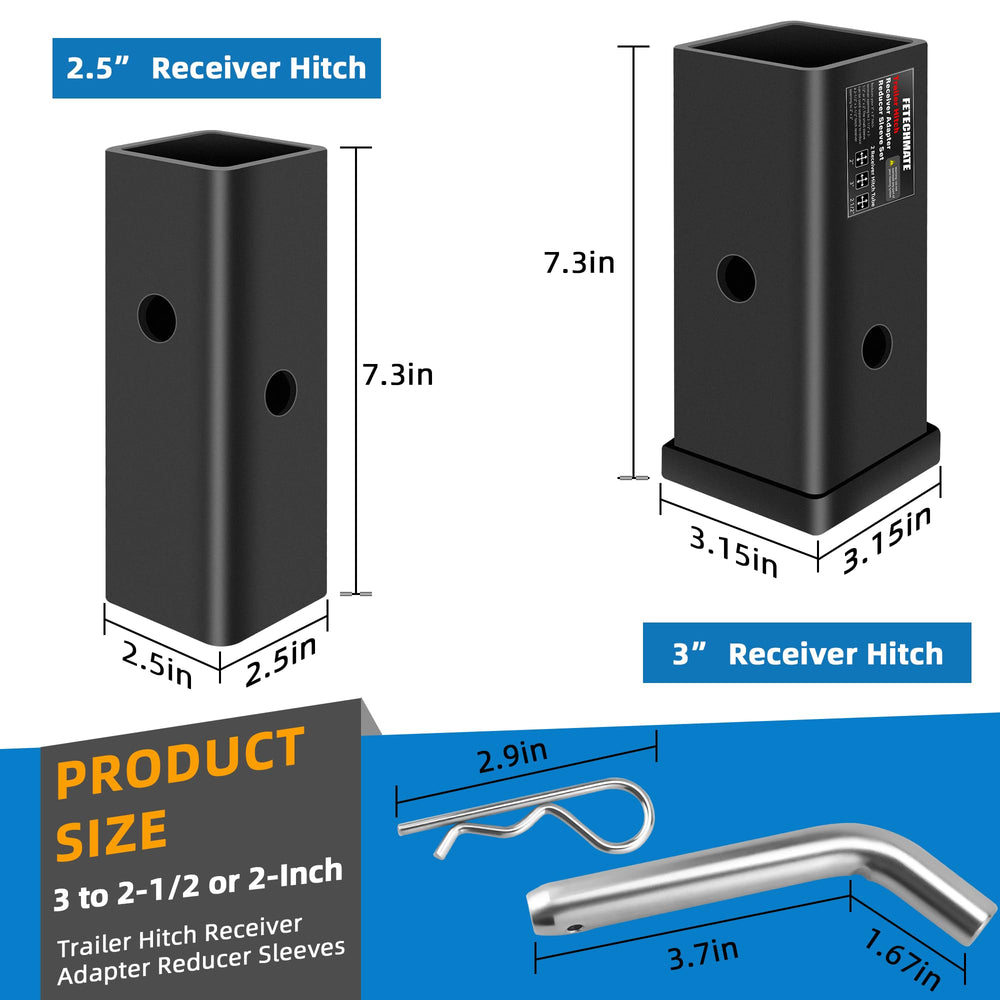 Fetechmate 3in to 2in hitch adapter for quick size changes.