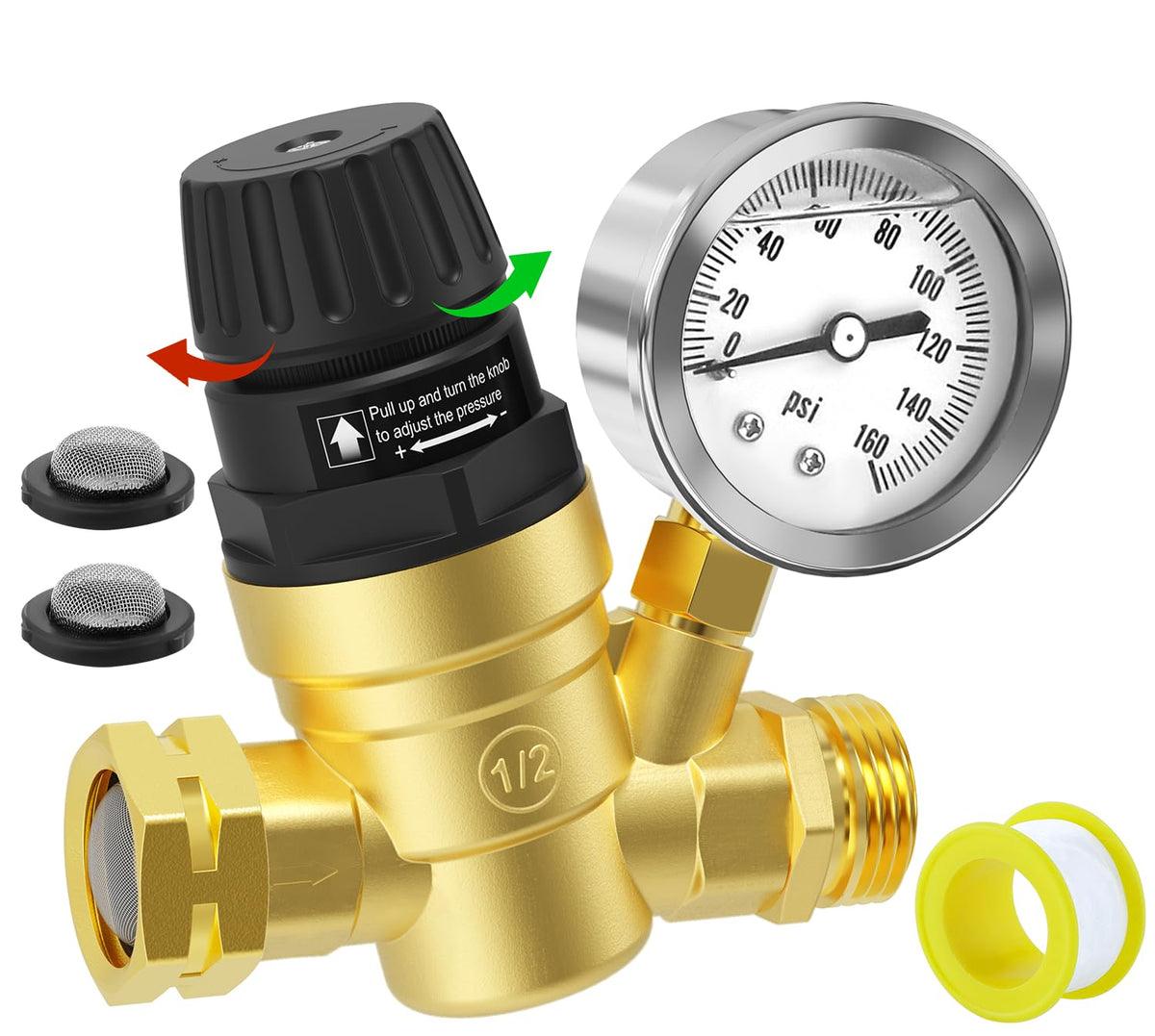 Fetechmate water pressure regulator front close-up showing rugged brass build for RV use