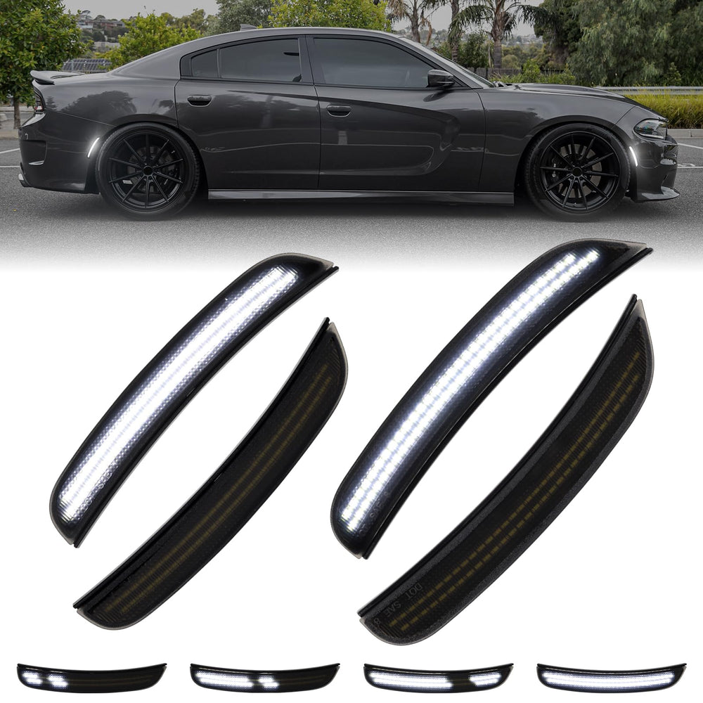 FetonAuto dynamic white LED side marker front for Dodge Charger enhances daytime visibility and style.