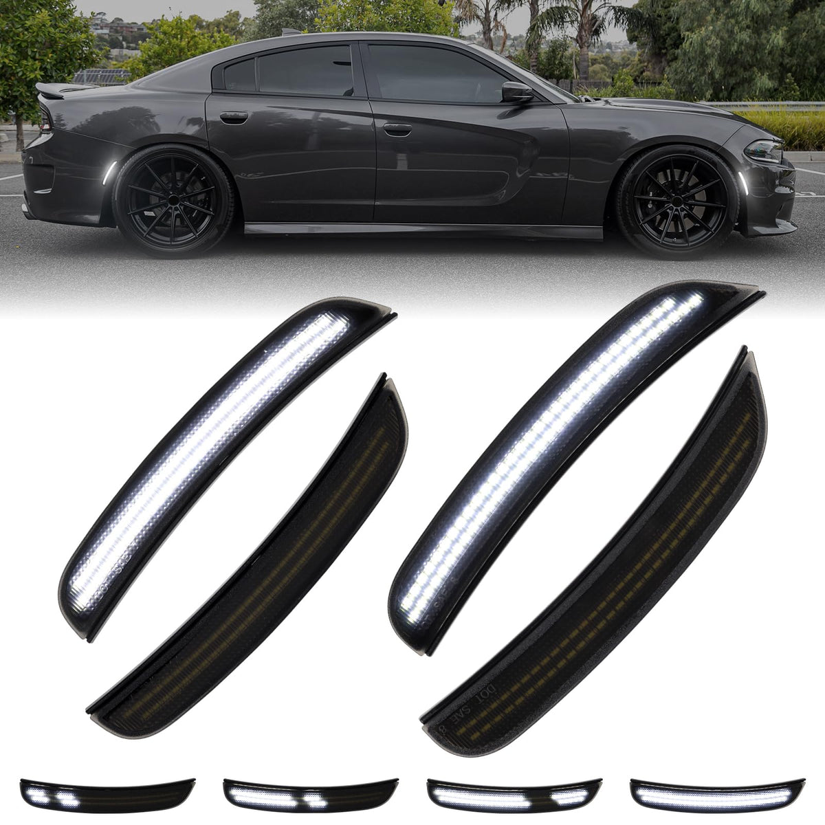 FetonAuto dynamic white LED side marker front for Dodge Charger enhances daytime visibility and style.