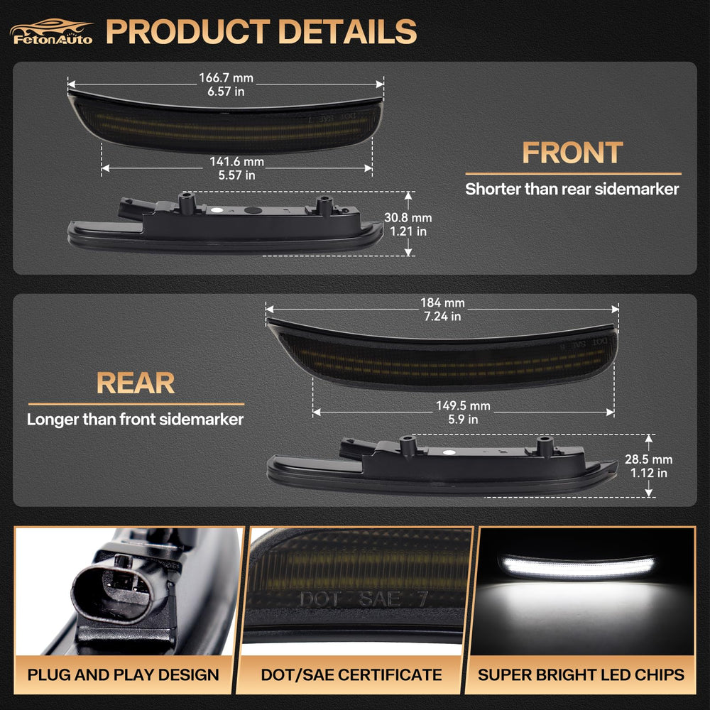 FetonAuto smoked-lens dynamic front side marker for Charger offers a sleek look.