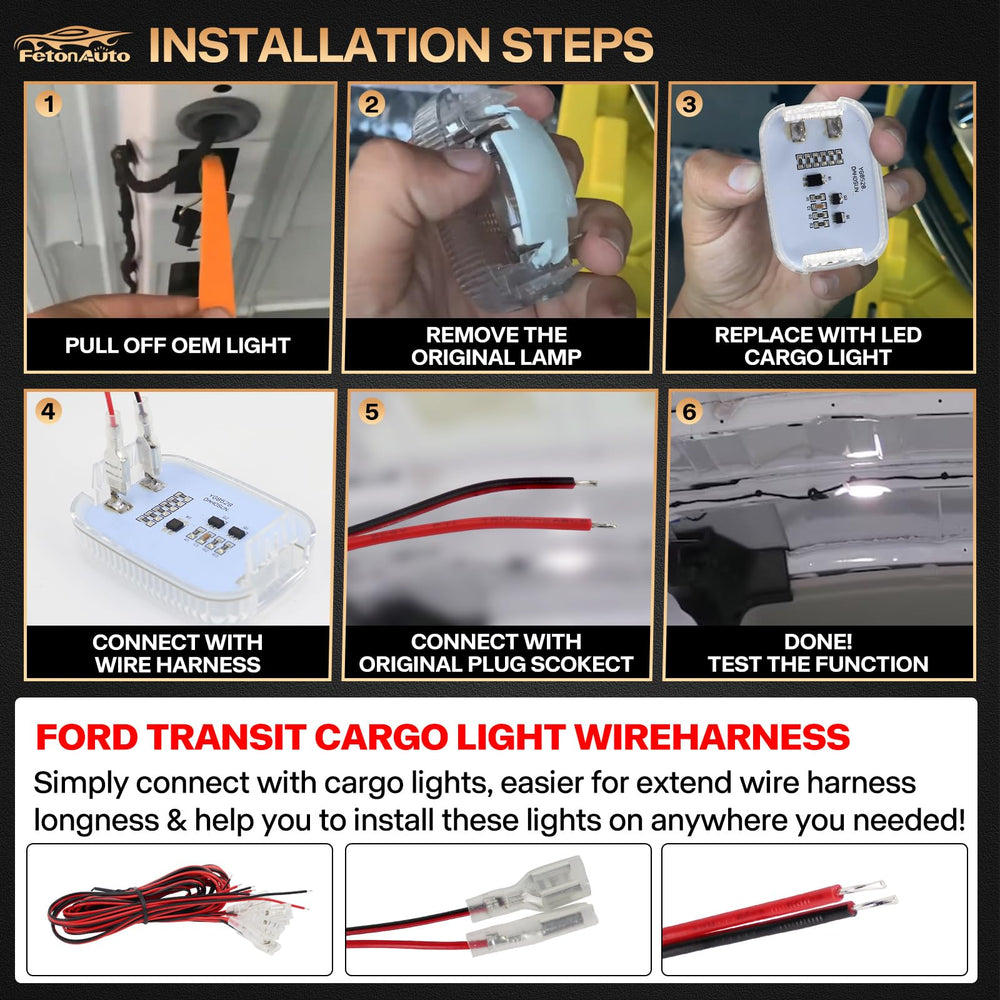 FetonAuto wire harness connects easily enabling simple installation for Transit interior lights