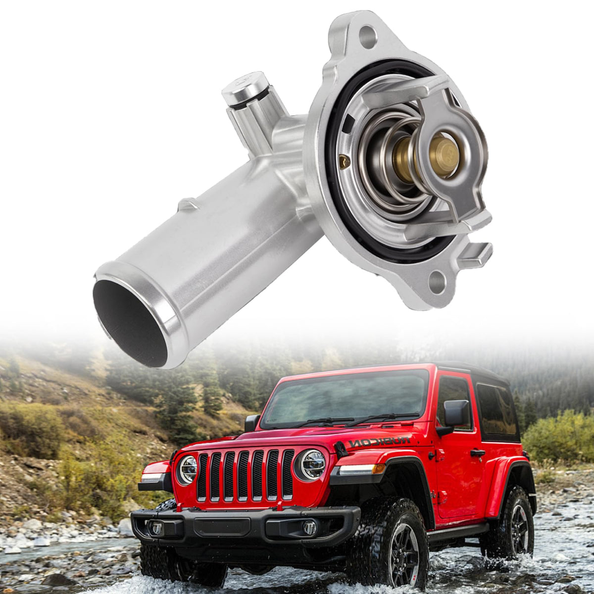 FETUSI aluminium thermostat housing close-up highlighting corrosion-resistant alloy for Jeep Wrangler JK.