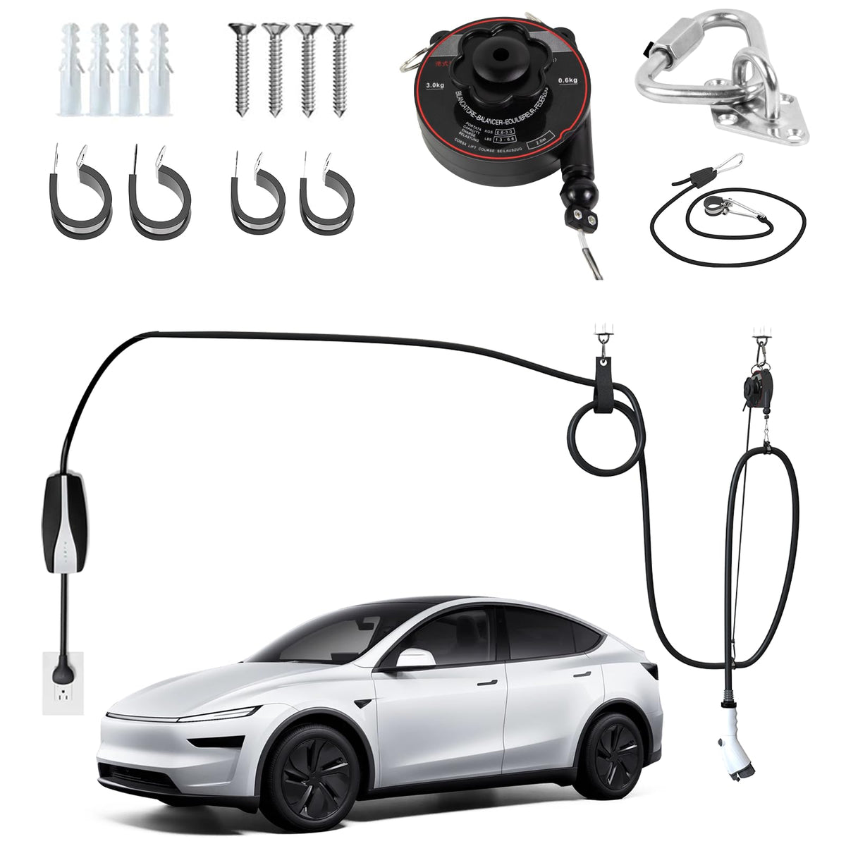 FETUSI universal compatibility ceiling-mount keeps cables tidy and accessible for Tesla and other EVs.