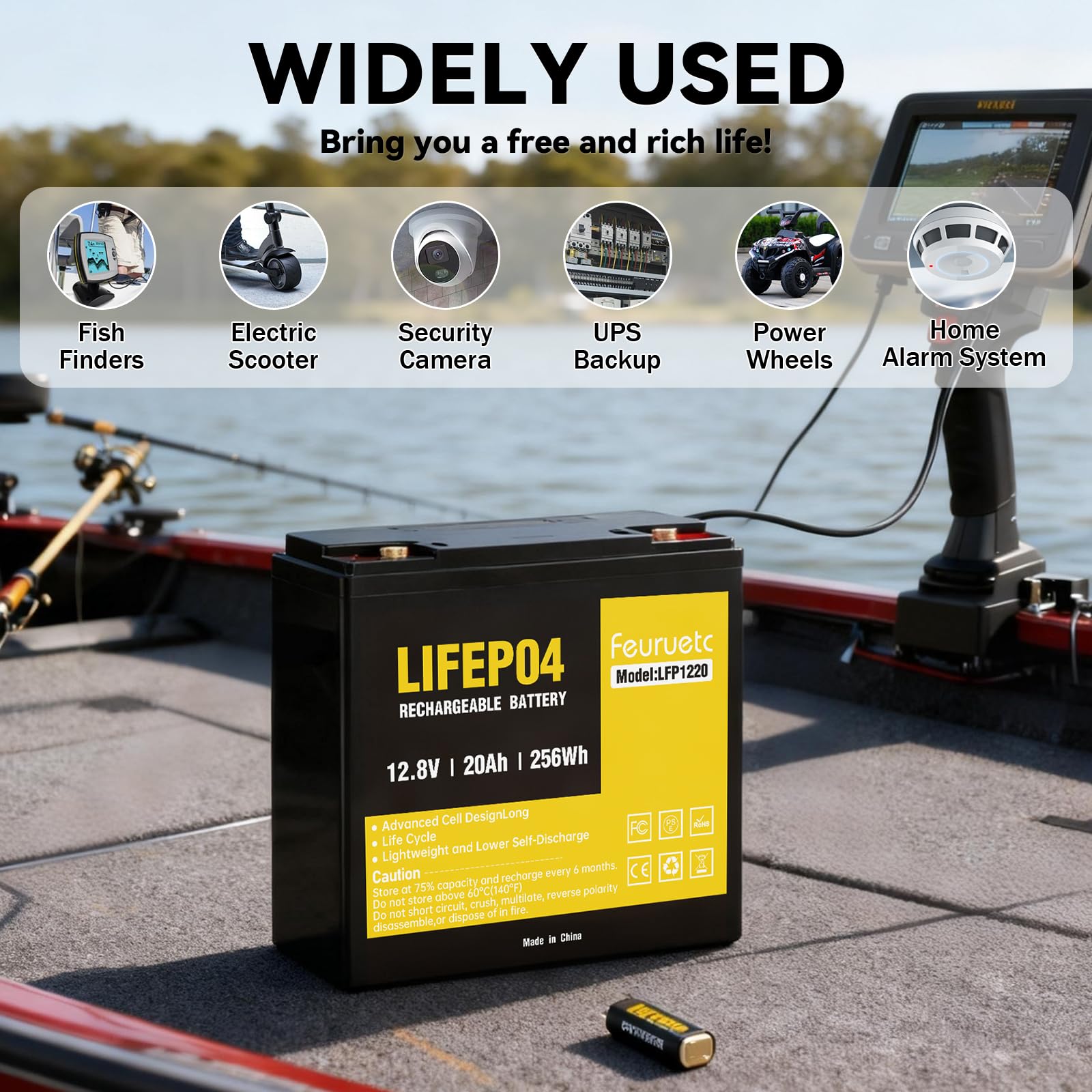 Feuruetc 12V 20Ah battery with BMS indicator close-up, safer charging monitoring.