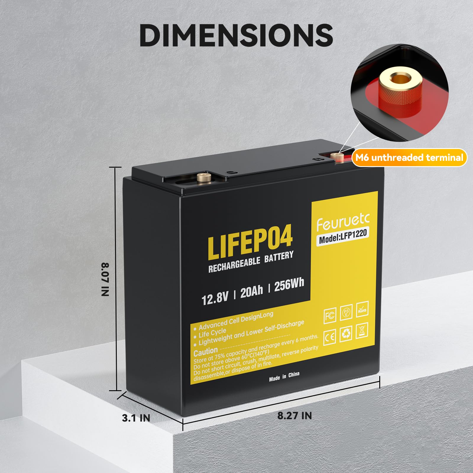 Feuruetc 12V 20Ah battery side view, slim form for versatile mounting in tight spaces.