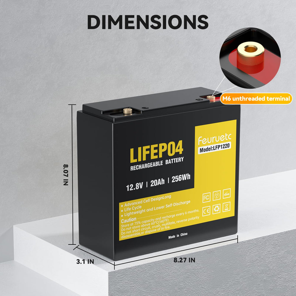 Feuruetc 12V 20Ah battery side view, slim form for versatile mounting in tight spaces.