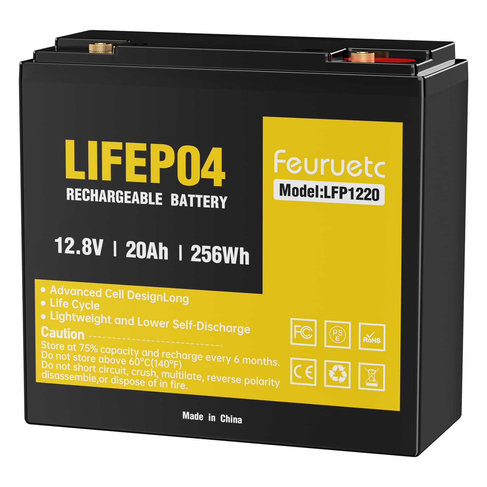 Feuruetc 12V 20Ah battery top view, compact and lightweight for easy installation.