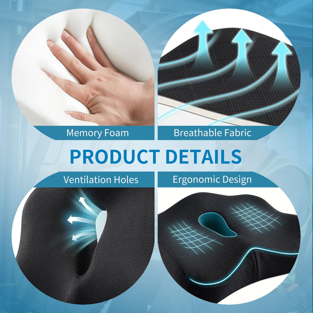 Fevbcnrj pressure-relief seat pad eases lower back and hip pressure.