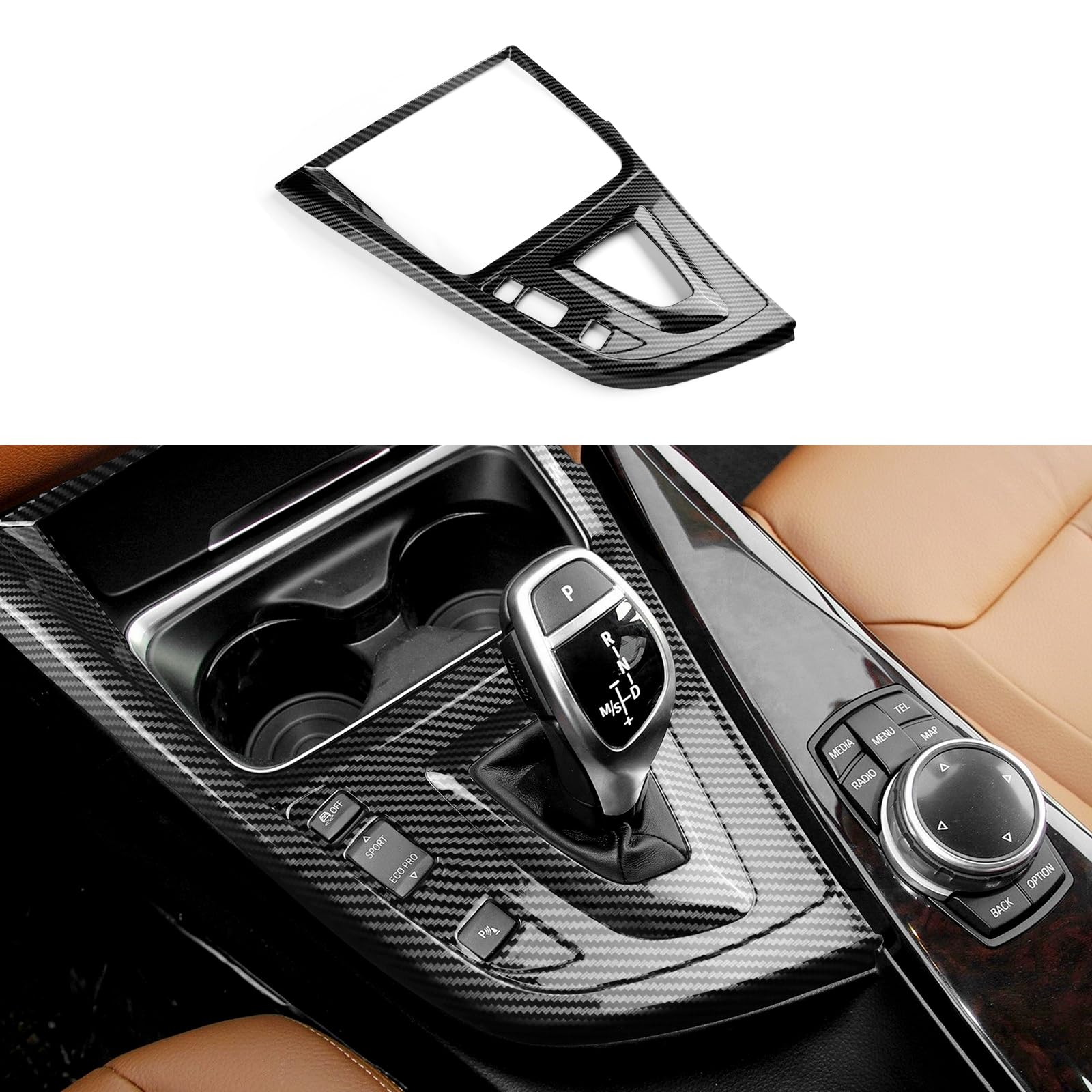 FEXIDA BMW gear shift panel cover with carbon fiber pattern enhances cabin styling