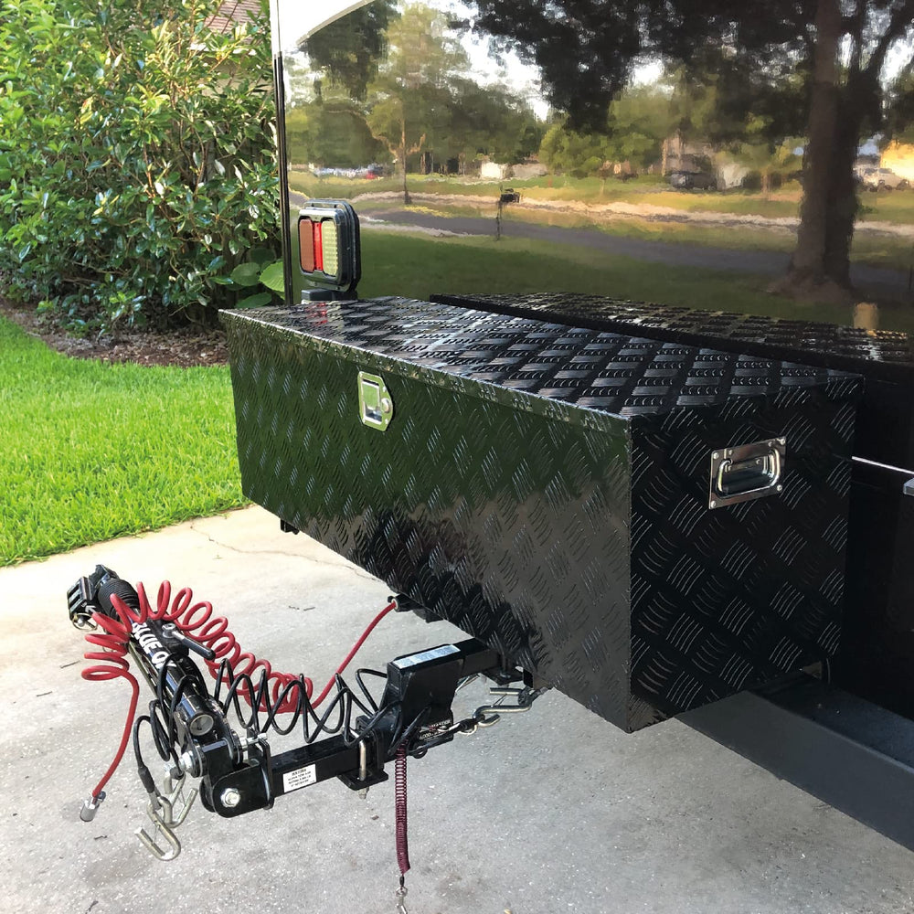 FGJQEFG black powder-coated toolbox shows rugged aluminum construction for outdoor use.