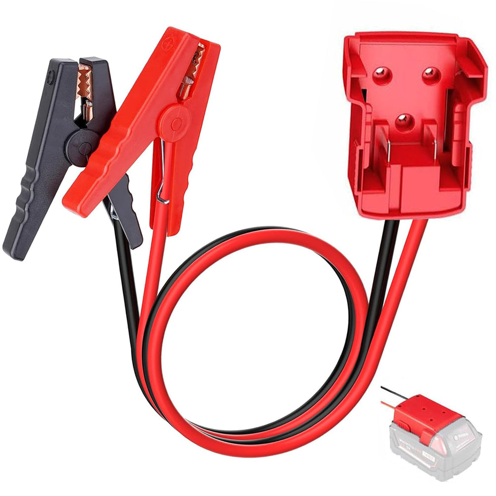Fgo-togo Milwaukee M18 adapter jumper cables securing an emergency power connection.