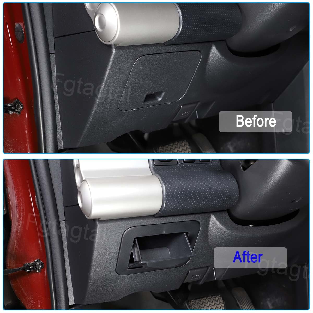 Fgtagtal driver-seat side storage compartment in a vehicle interior.