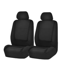FH Group front seat covers with low-back design for universal fit and headrest removal compatibility.