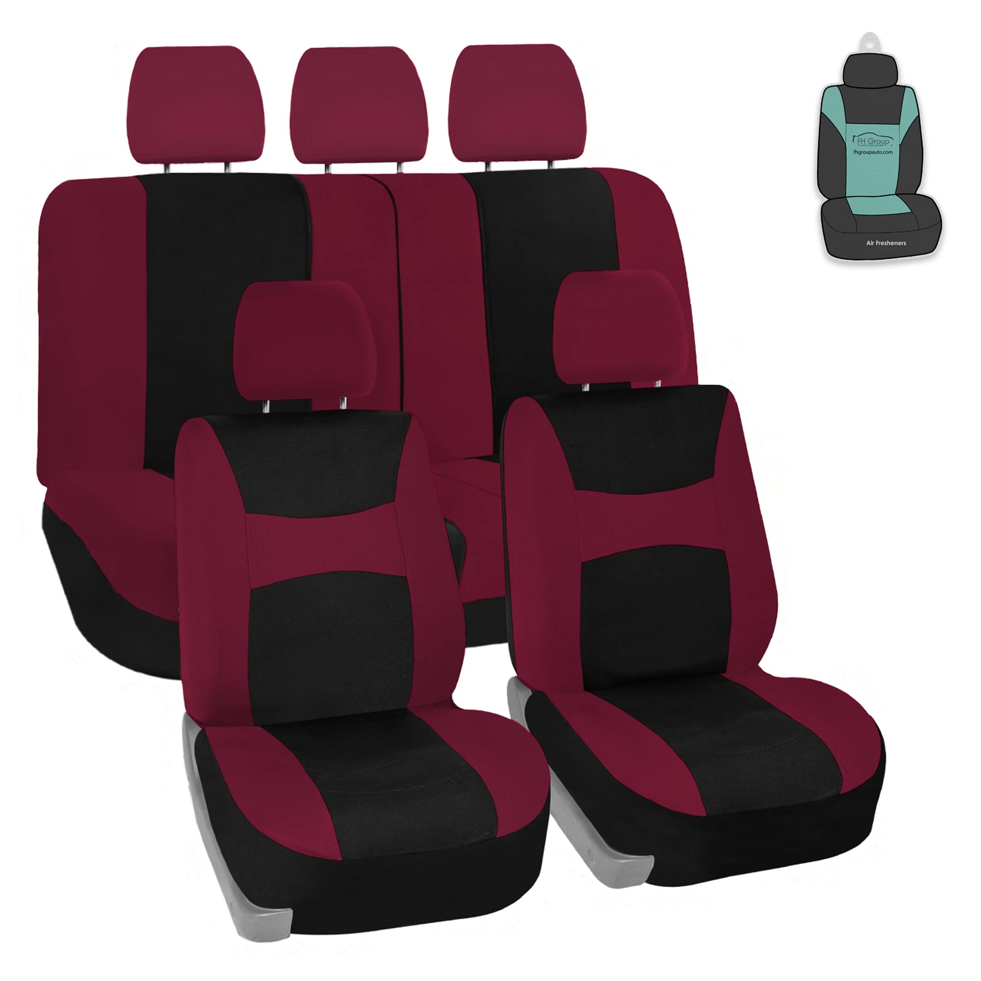 FH Group burgundy universal front seat covers show universal fit and easy cleaning.