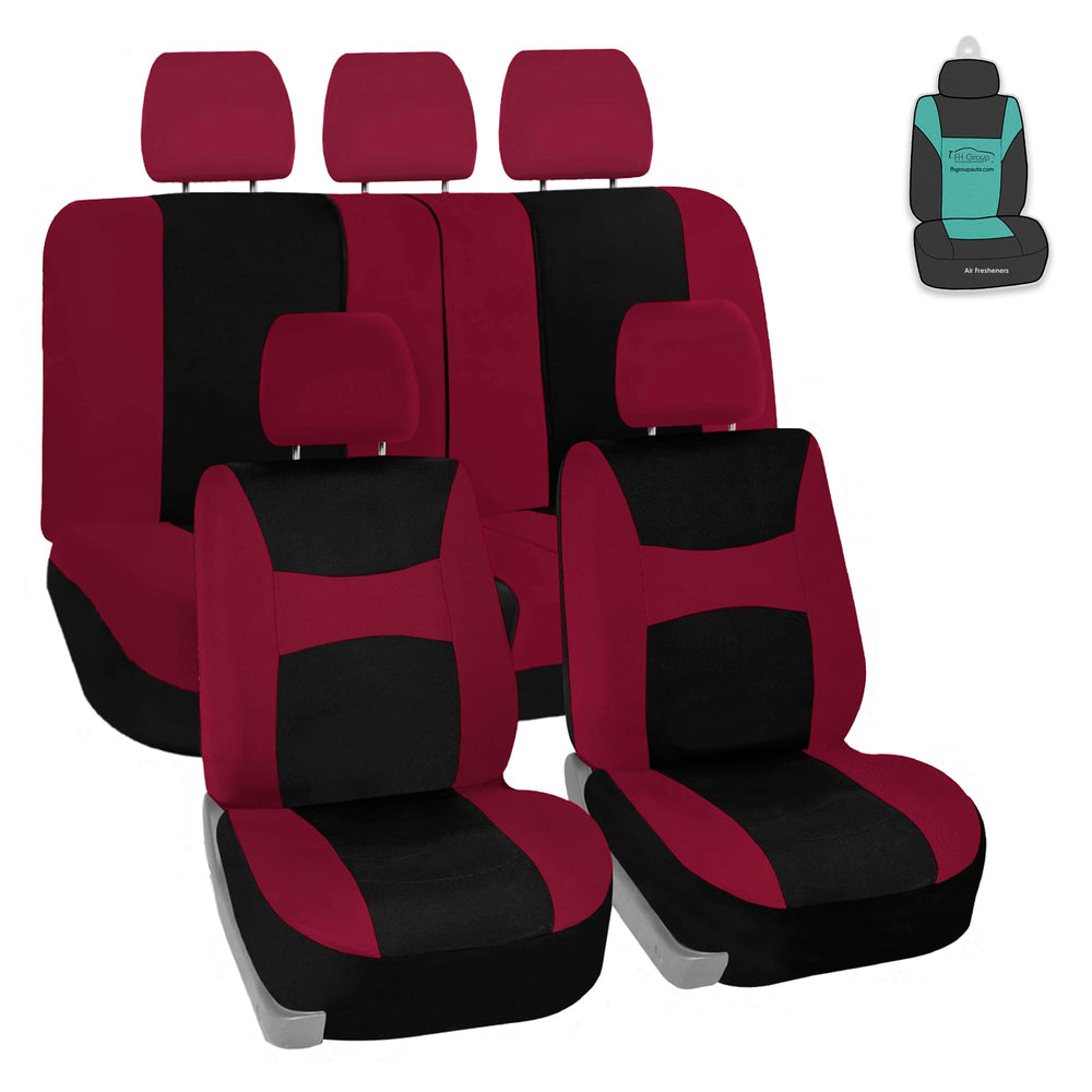 FH Group burgundy universal front seat covers show universal fit and easy cleaning.
