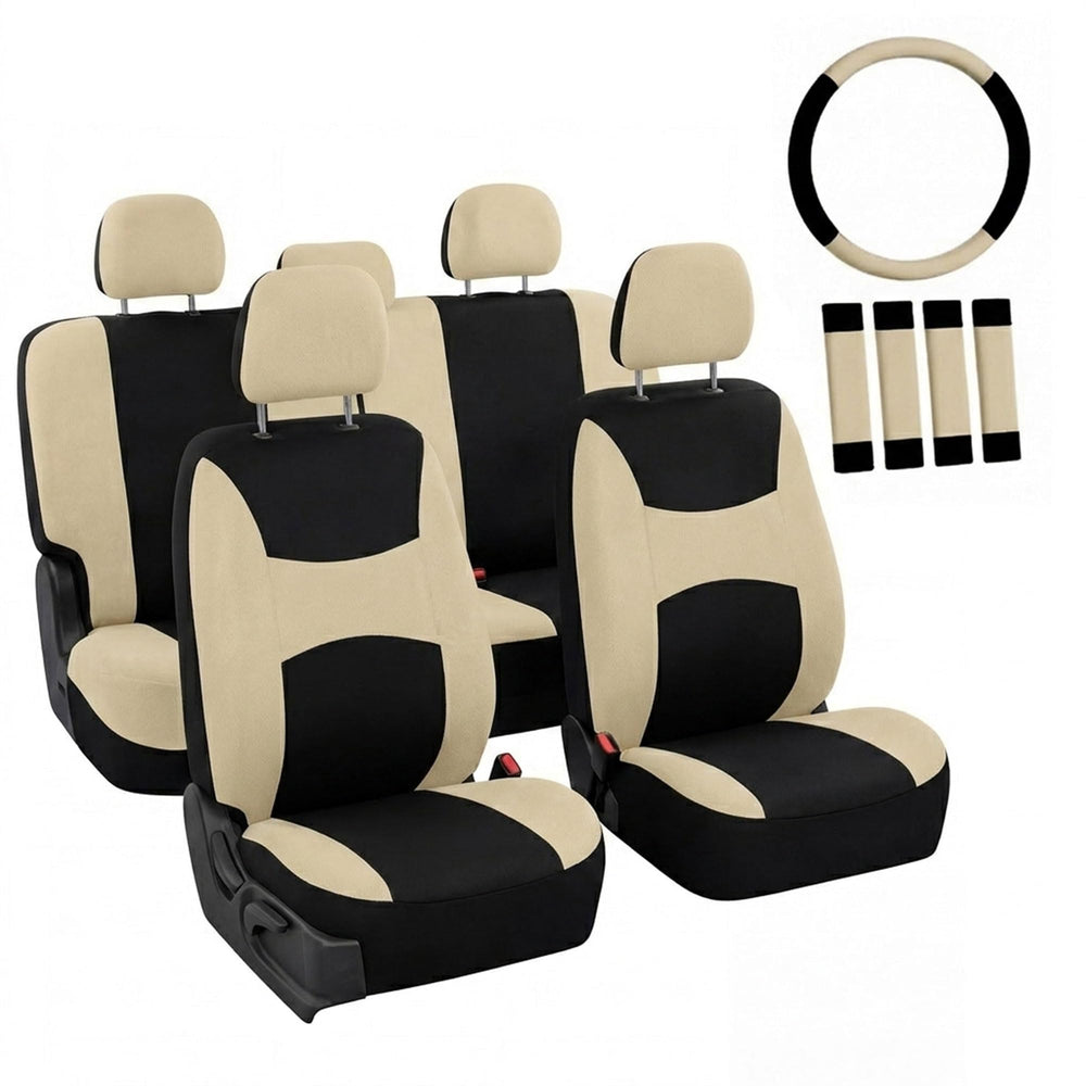 FH Group front seat covers in beige and black protect upholstery while refreshing interior