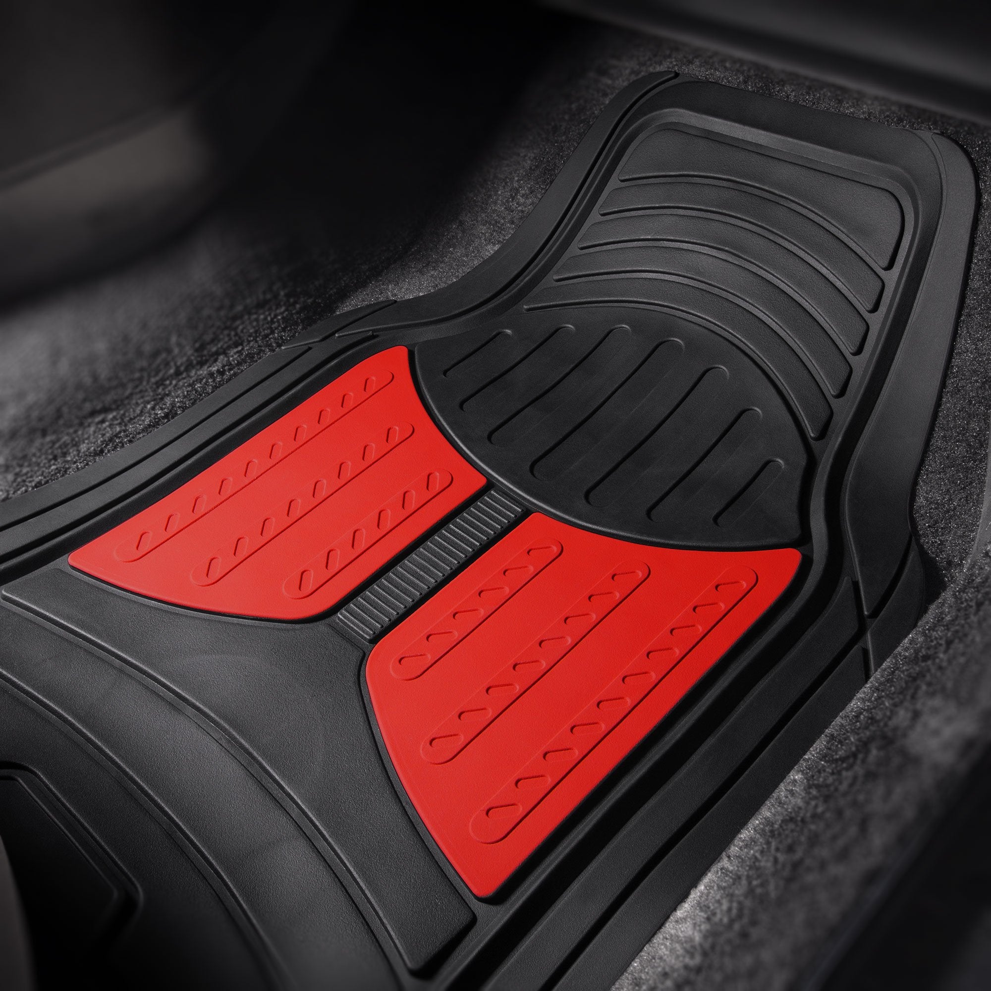 FH Group Monster Eyes Red mats with tall ridges prevent fluid leakage.