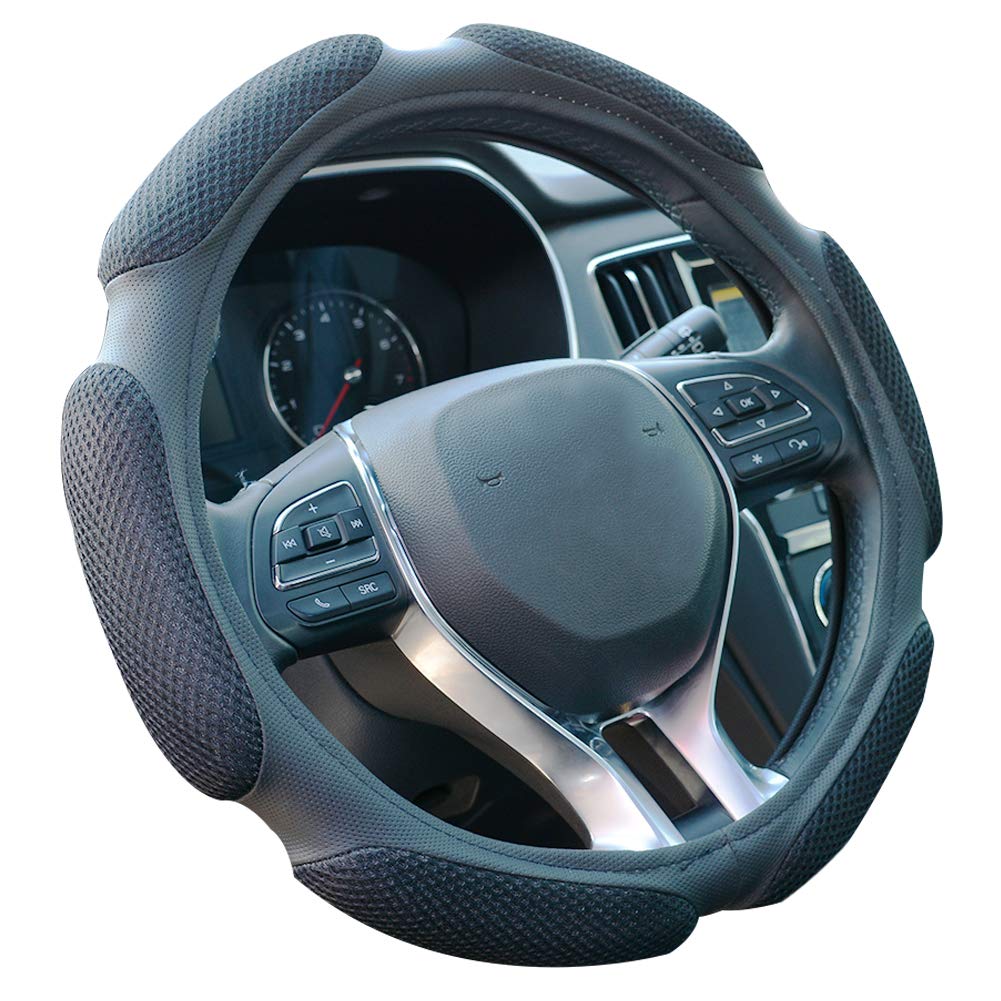 FHQSX steering wheel cover shows breathable microfiber texture for comfortable grip.