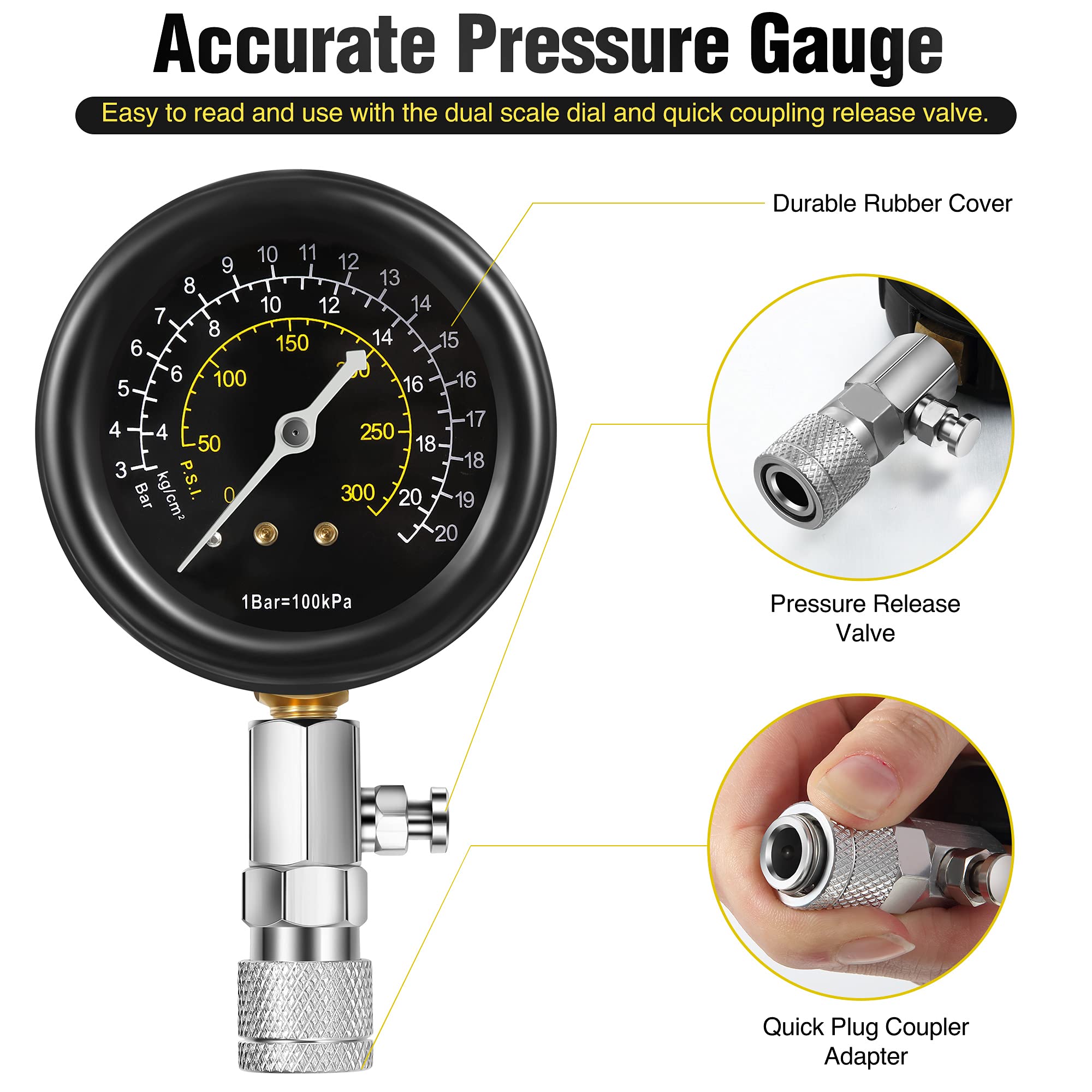 Fiada 300psi dual units gauge offers clear, readable pressure readings.