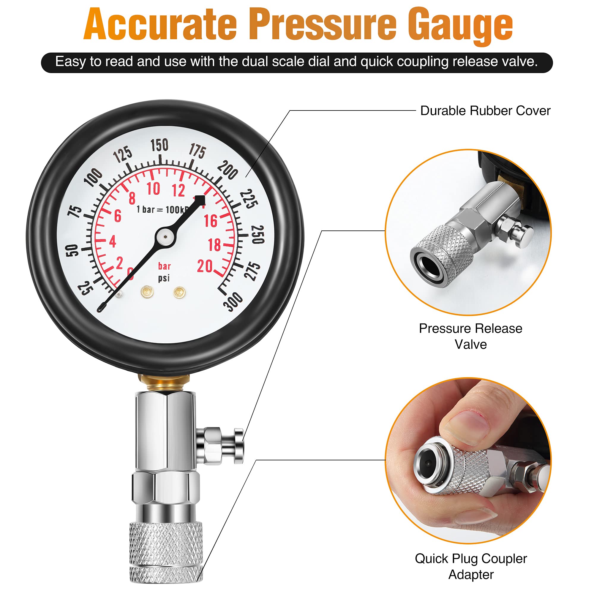Fiada 300 PSI dual-units gauge with clear dial in workshop lighting.
