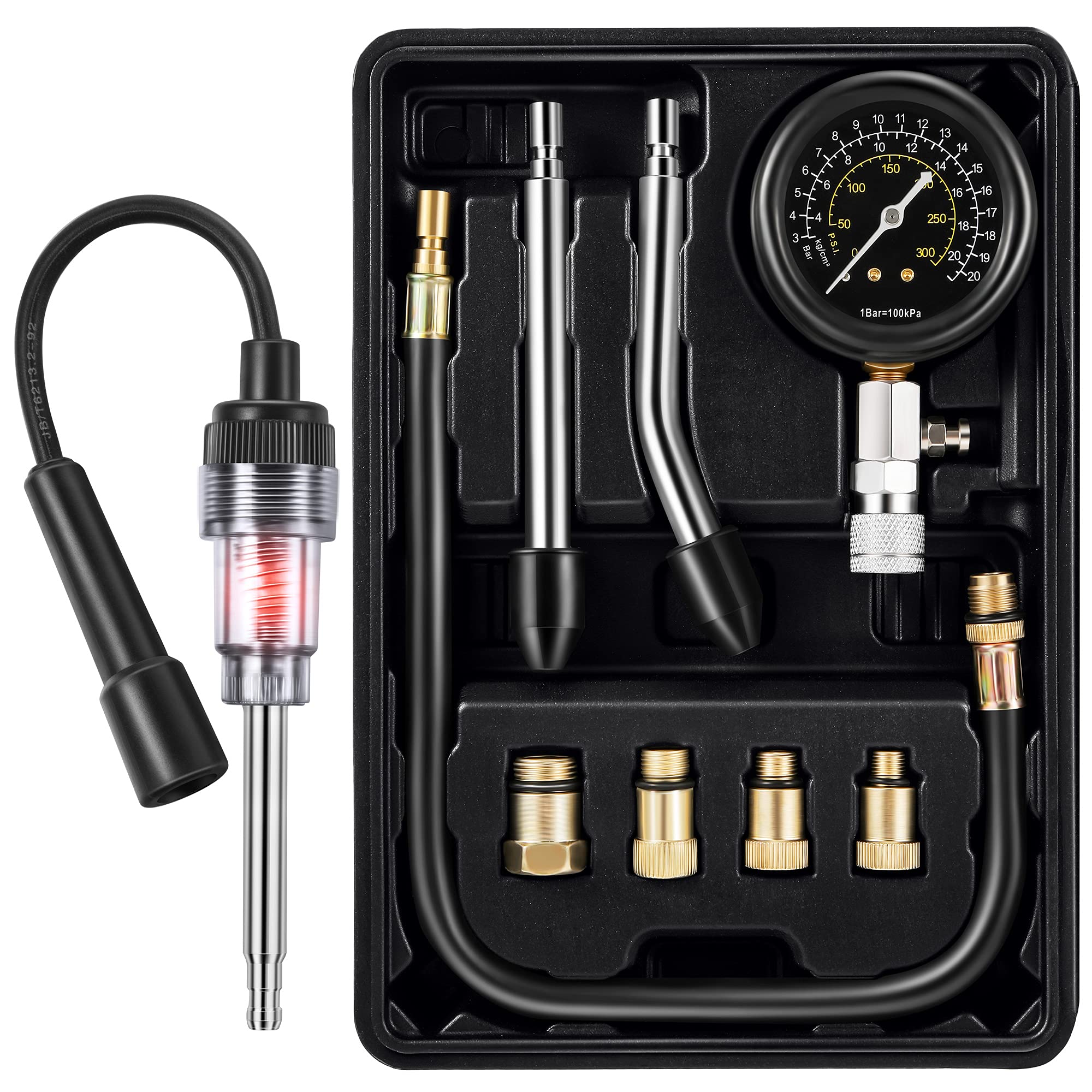 Fiada 9-piece compression tester kit with gauge for quick cylinder pressure checks.