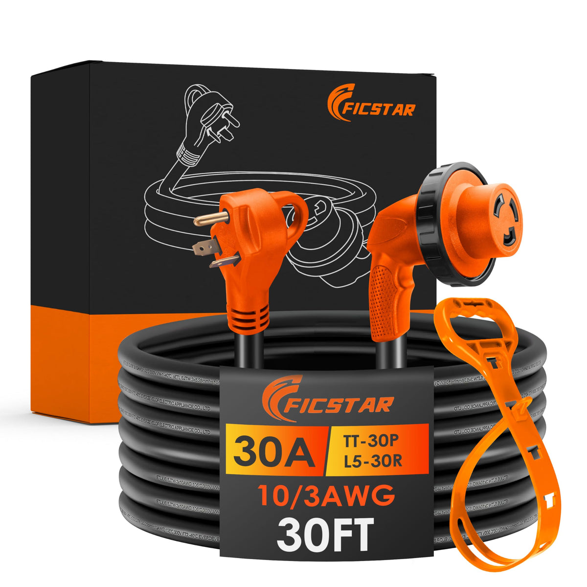 Ficstar 30amp RV extension cord 30ft with weatherproof copper wiring for outdoor use.