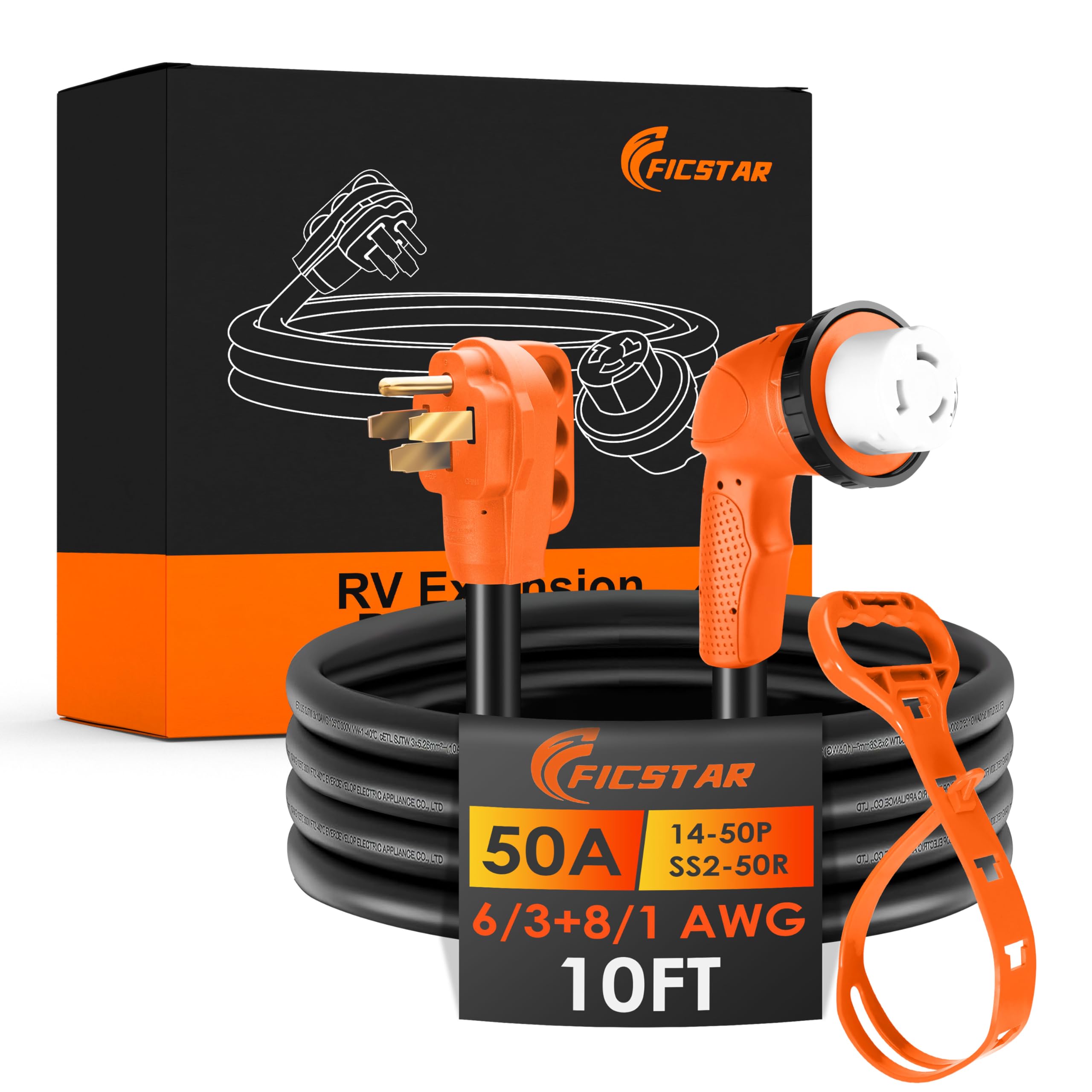 Ficstar 50A RV extension cord with grip handle for easy handling in tight spaces