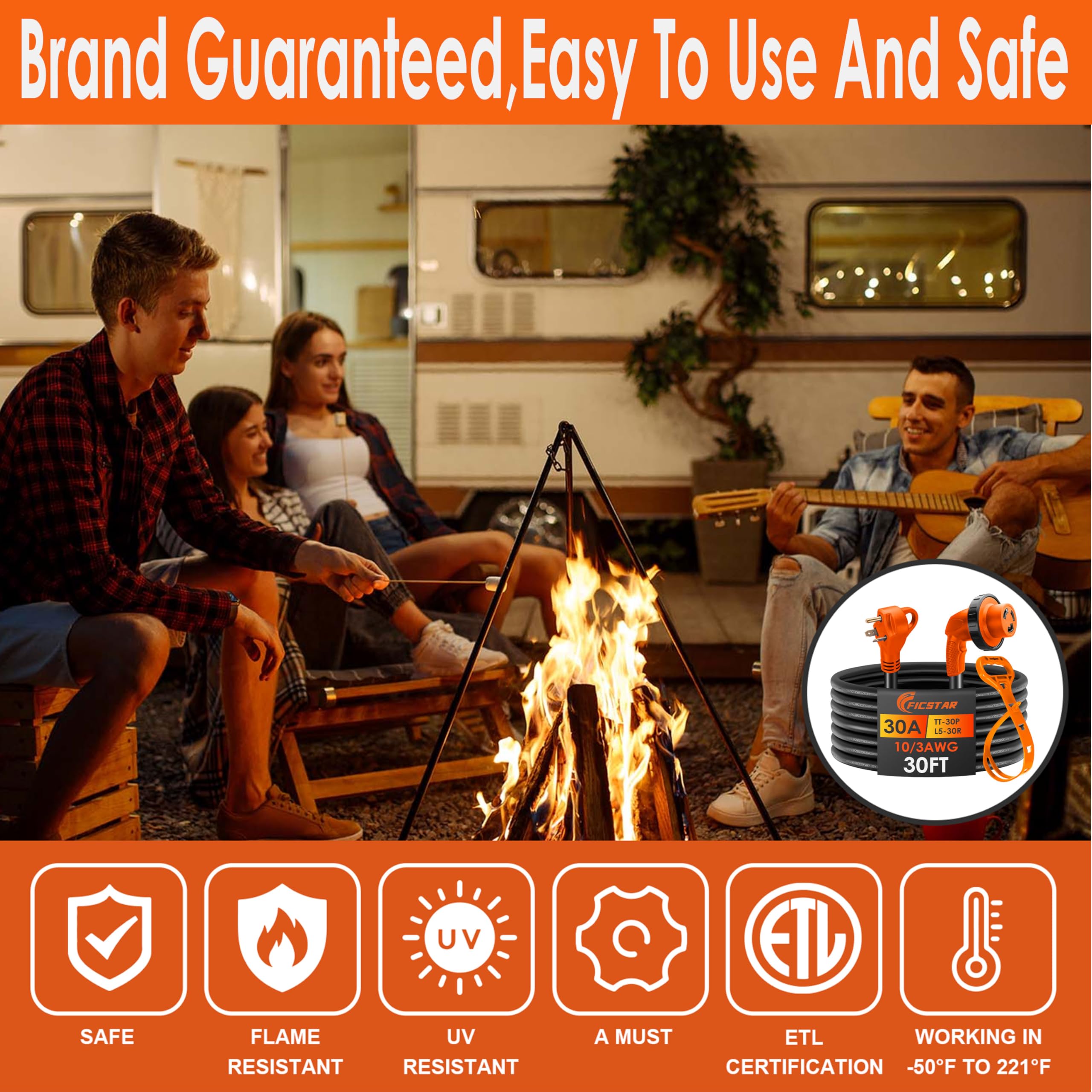 Ficstar weatherproof molded plug resists elements for outdoor camping.