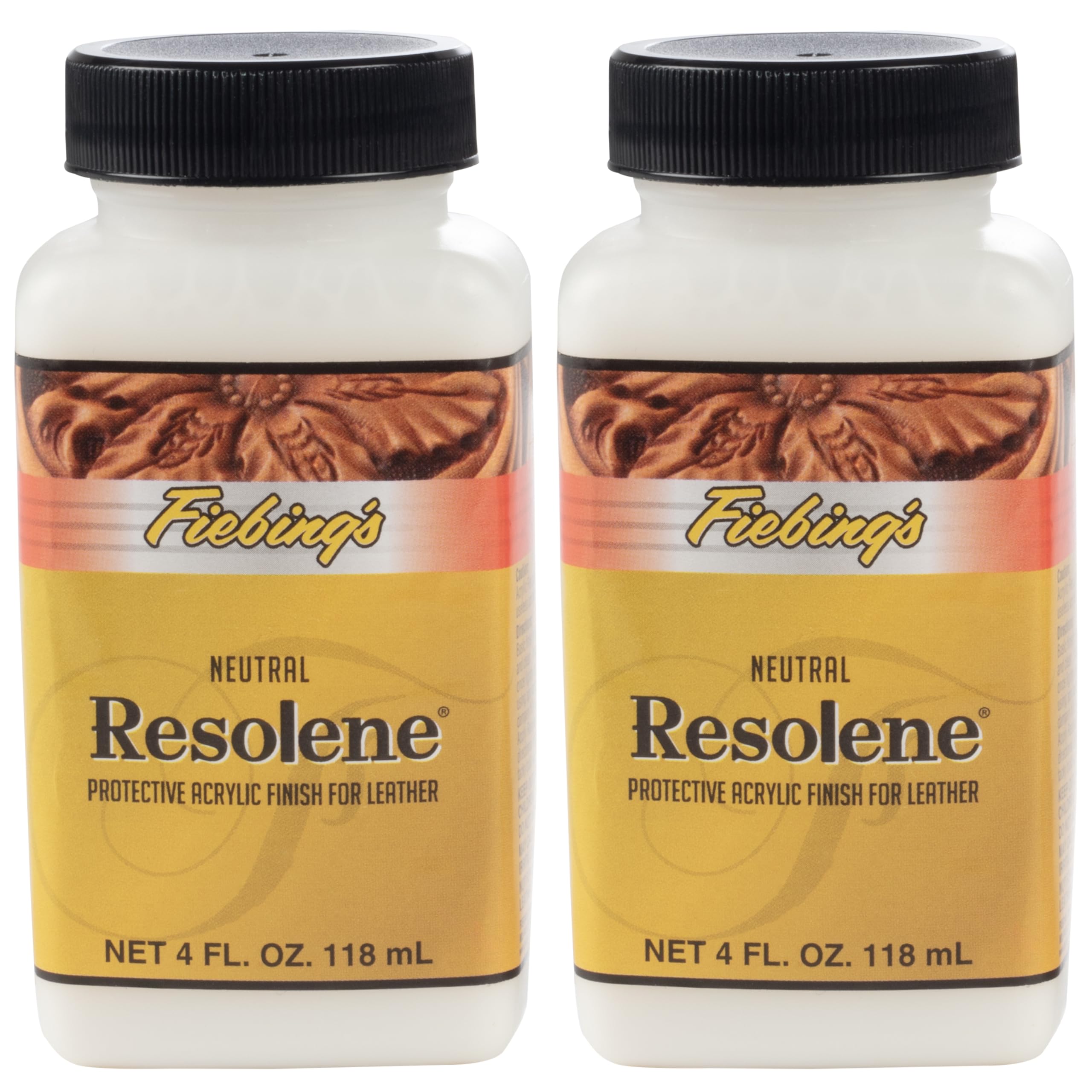 Fiebing's Acrylic Resolene bottle shown for durable leather protection and a smooth top coat.